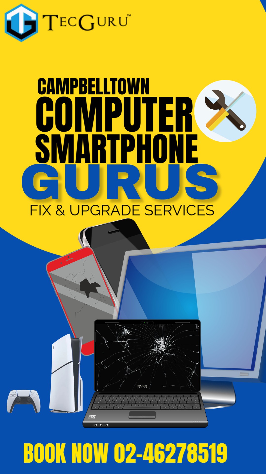 Tecguru Store Facebook ad: **TecGuru Campbeltown - Your One-Stop Tech Repair Shop!**