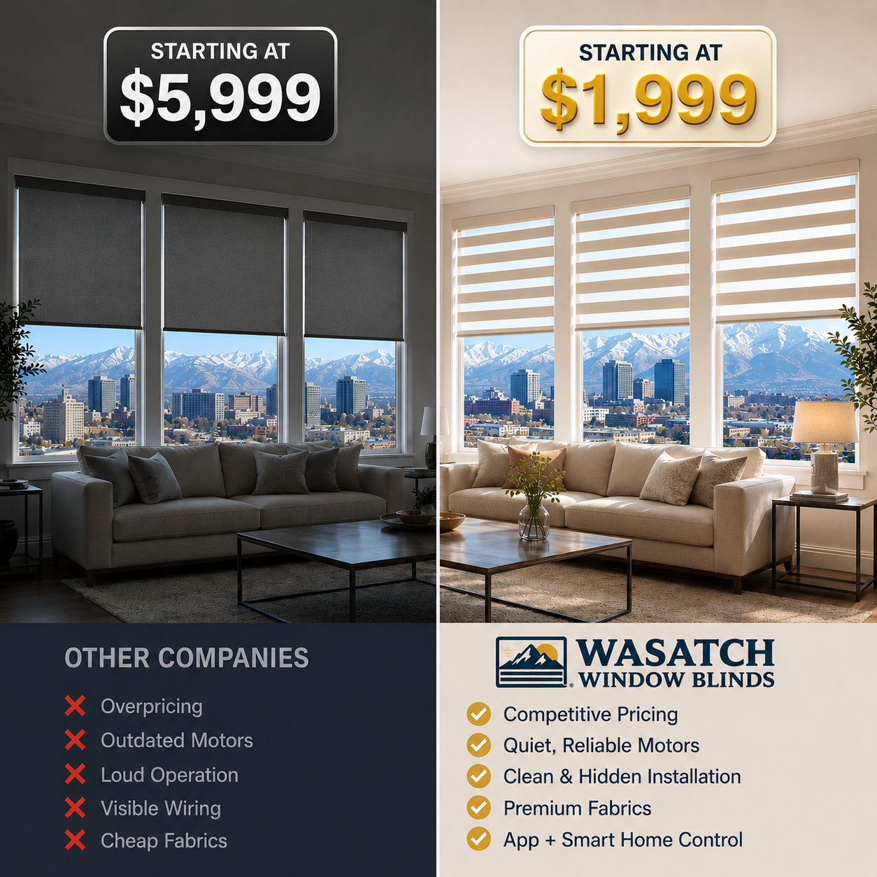 Wasatch Window Blinds Facebook ad: Save Up To $3,000 On Custom Motorized Roller Shades