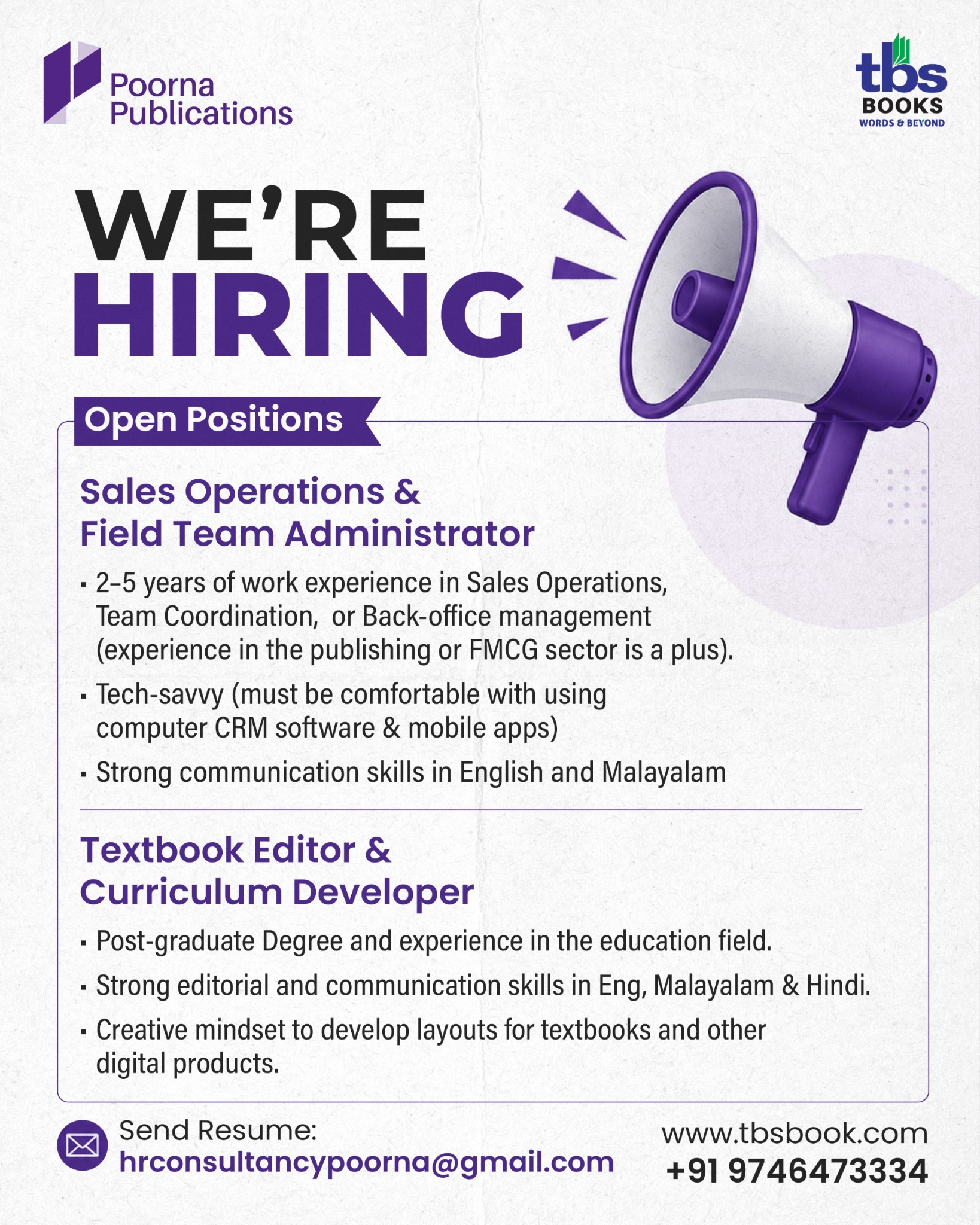 TBS BOOKS Facebook ad: Join Our Team Now