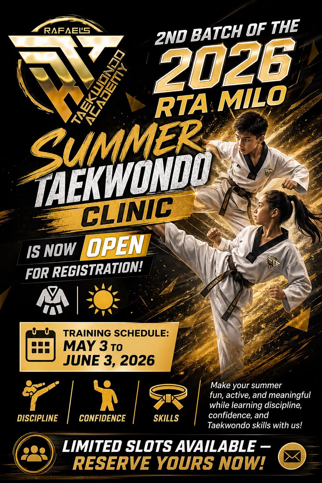 2026 RTA Milo Elite Taekwondo training center Facebook ad: 2nd Batch of the 2026 RTA Milo Summer…
