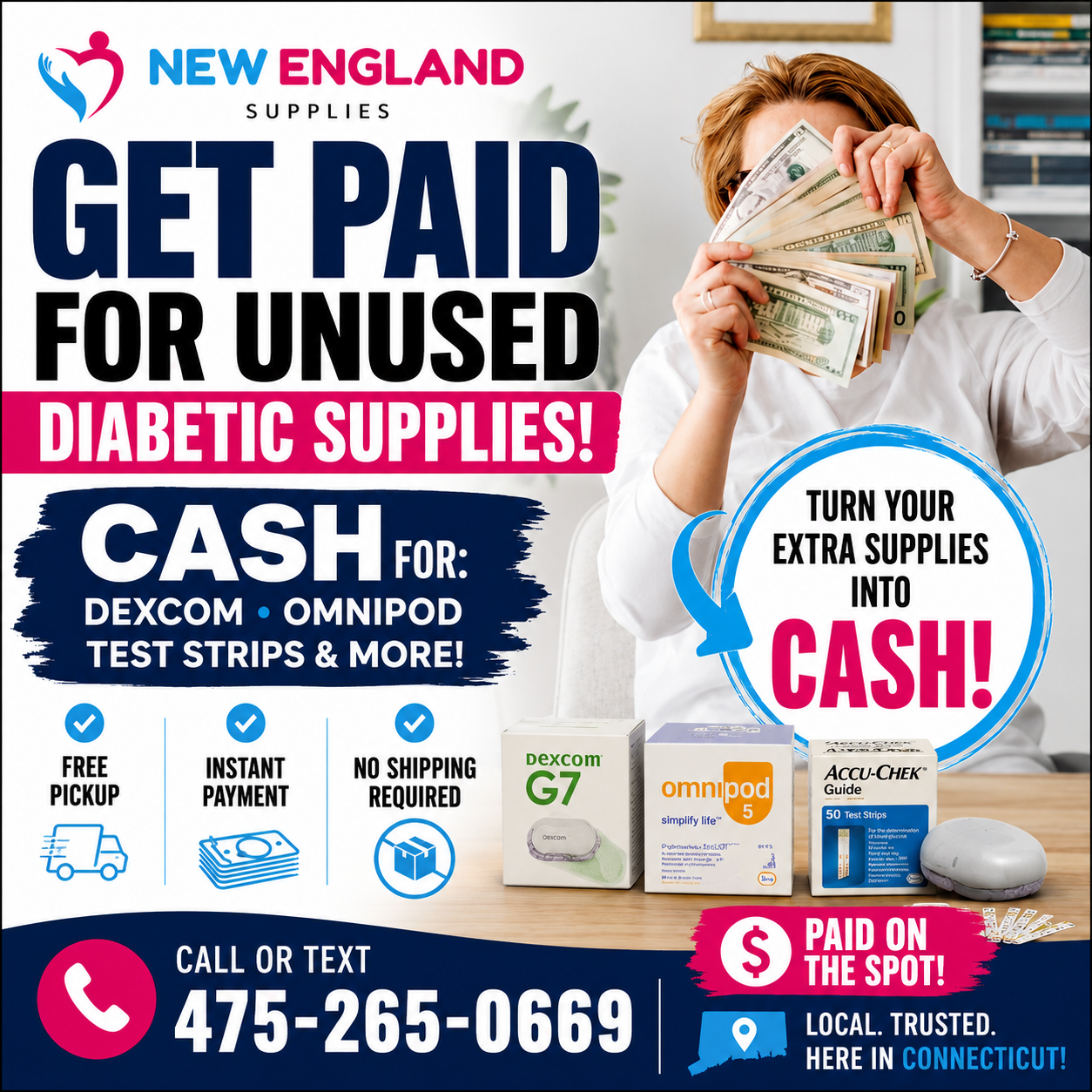 New England Supplies Facebook ad: Dexcom • Omnipod • Test Strips