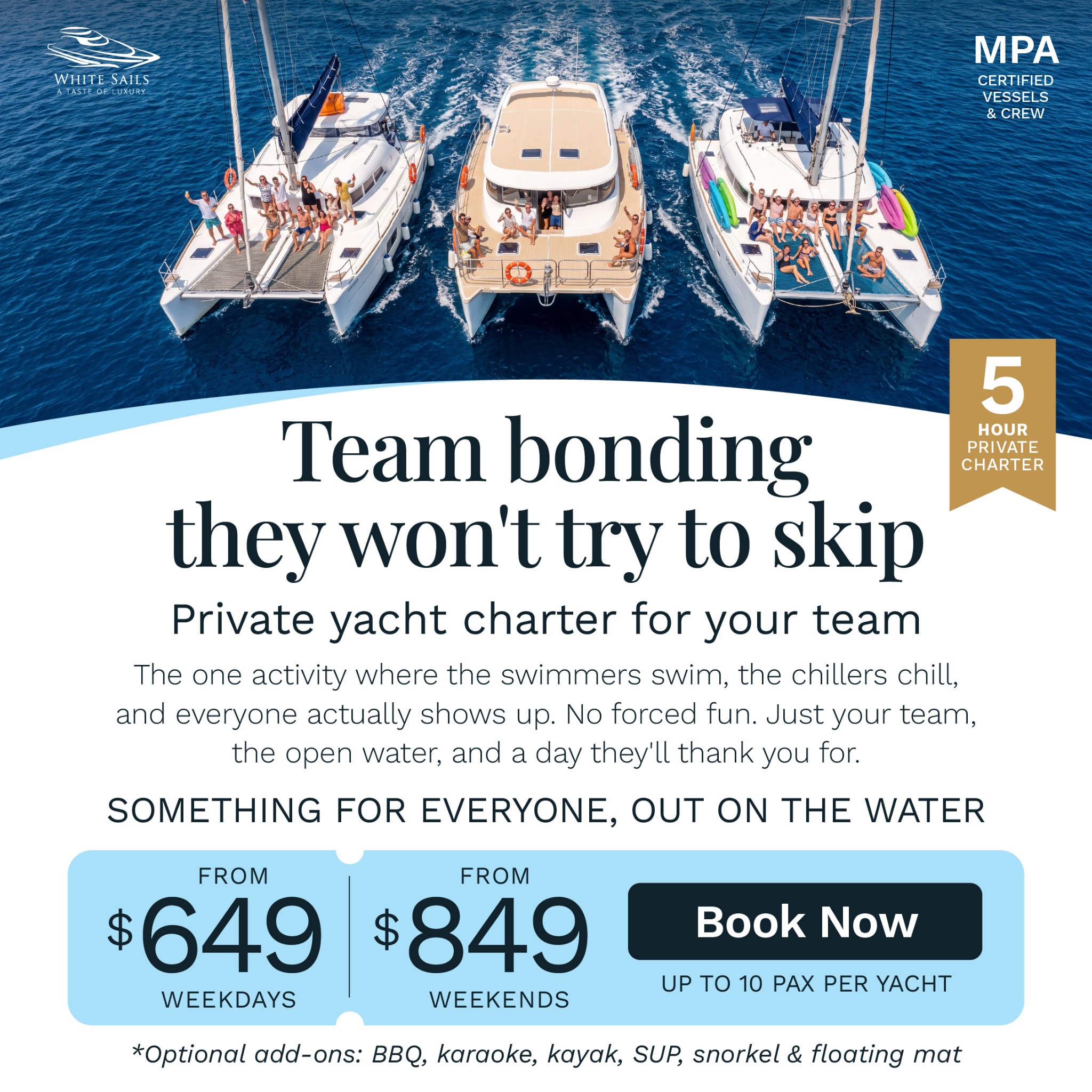 White Sails Facebook ad: Team Bonding On A Yacht