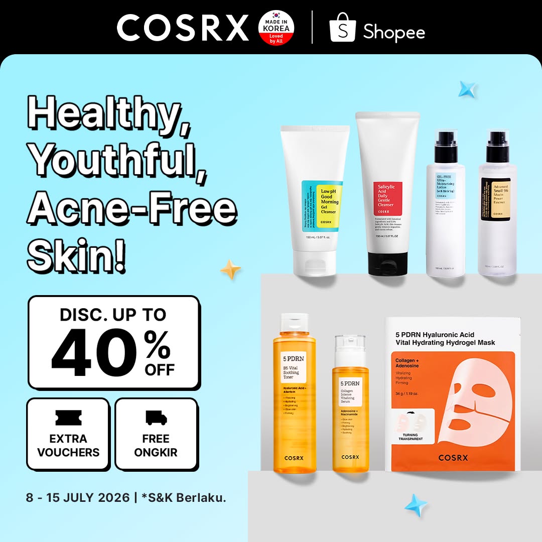 COSRX Indonesia Facebook ad: Kulit sehat + skincare COSRX = Seporsi kemenangan SALE up…