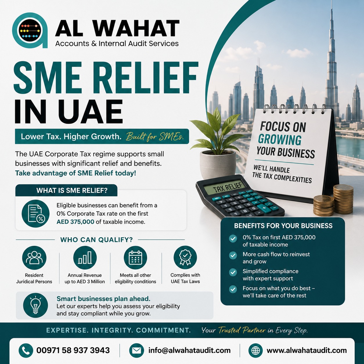 Al Wahat Accounts and internal Audit Services Facebook ad: Stay compliant. Save money.