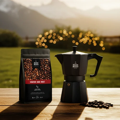 The Dark Roast Company Facebook ad: Strong, Intense, and Zero Bitterness.