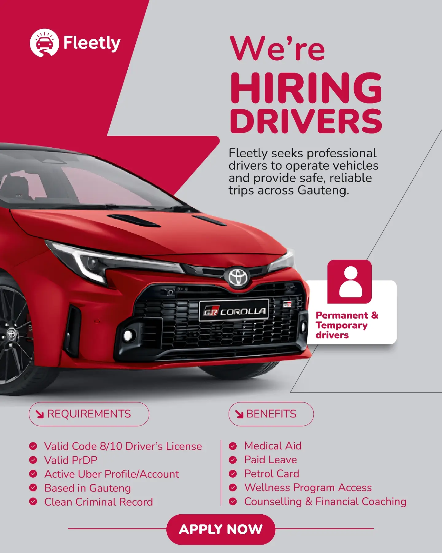 Fleetly Facebook ad: DRIVERS WANTED IN GAUTENG!