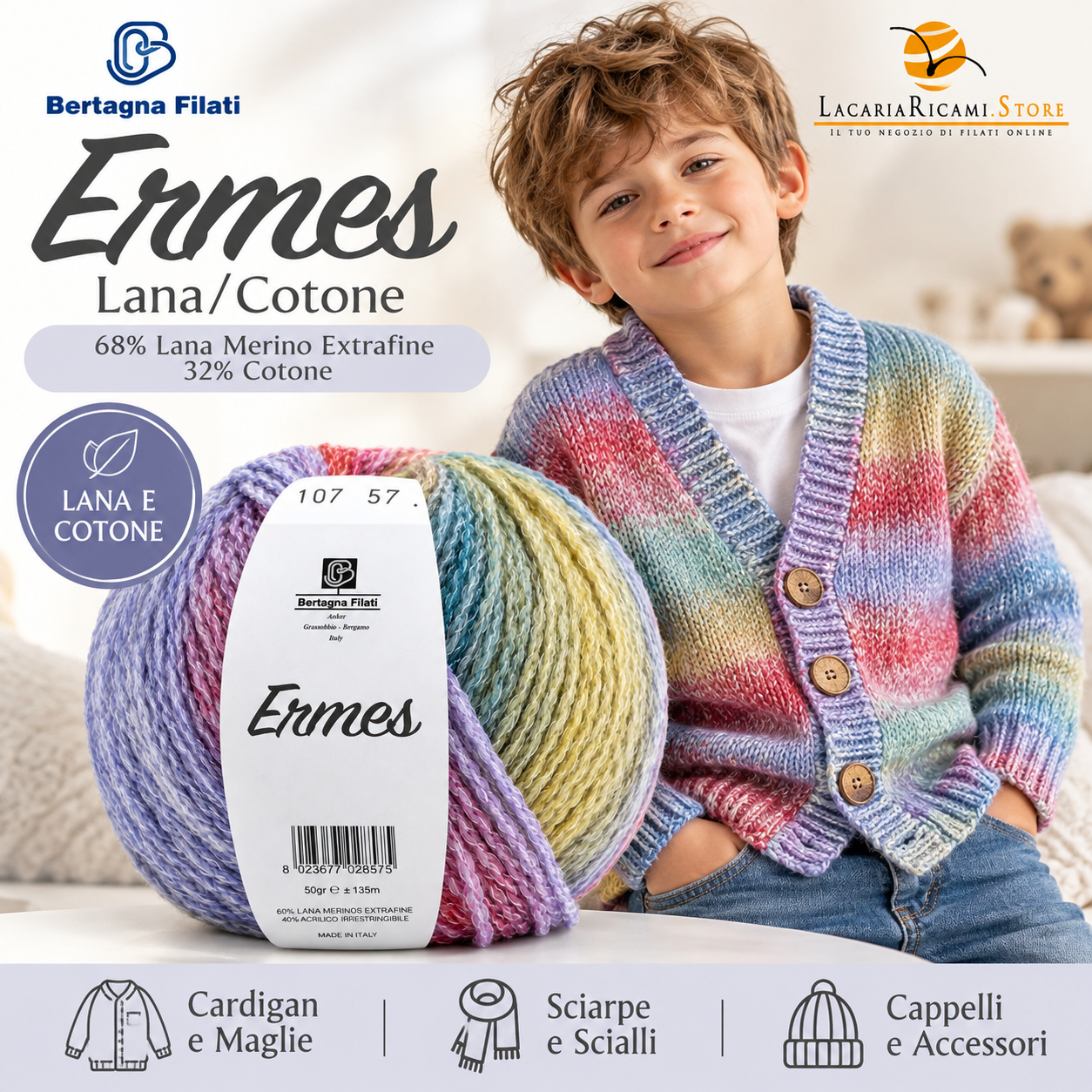 LacariaRicami.Store Facebook ad: Lana/Cotone ERMES Bertagna Filati, filato 50g/135m…