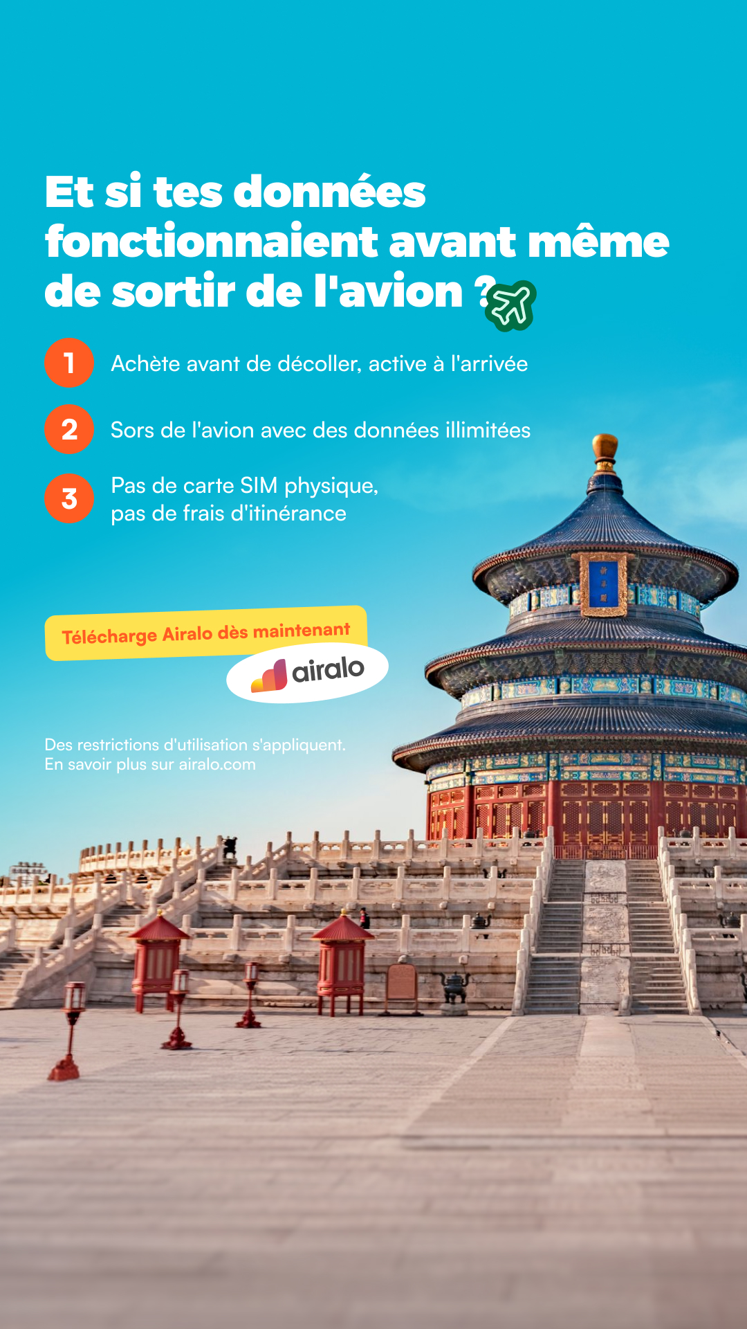 Airalo Global eSIM Store Facebook ad: Va plus loin. Reste connecté.
