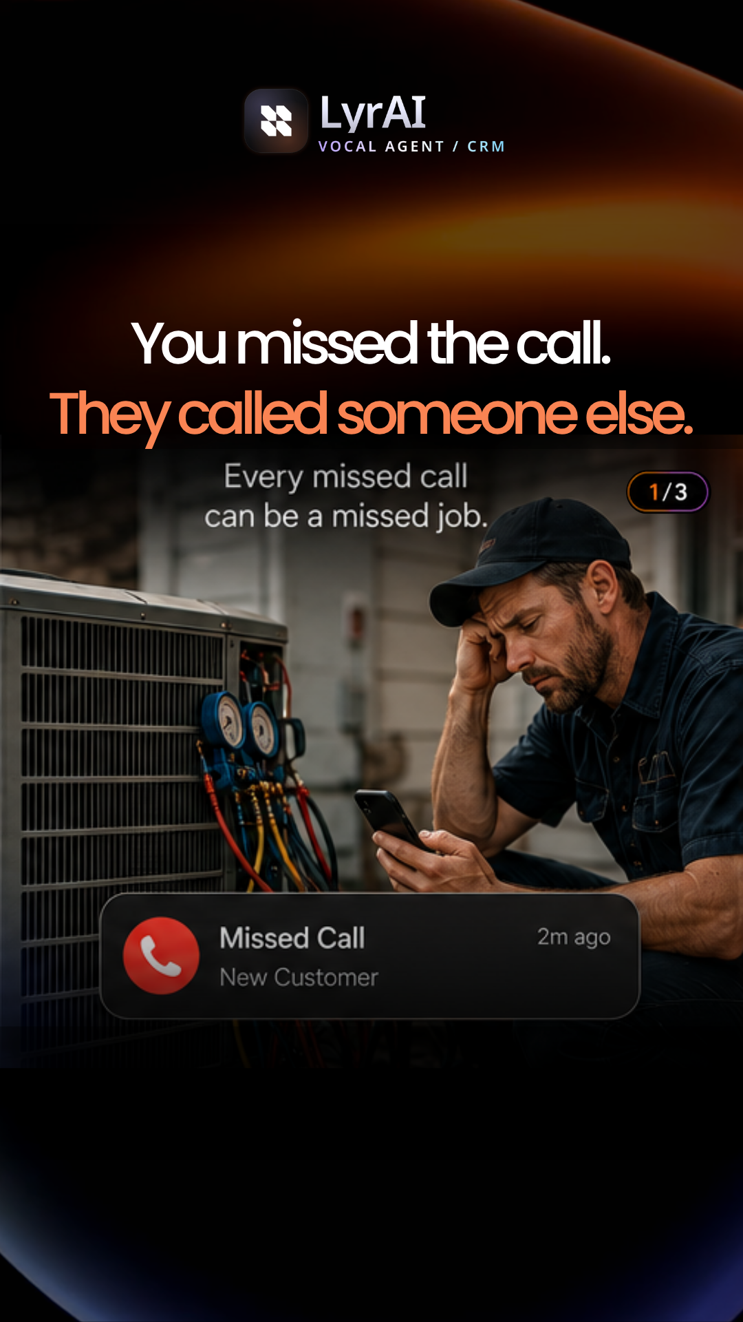 Lyrai AI Facebook ad: A missed call doesn't disappear.