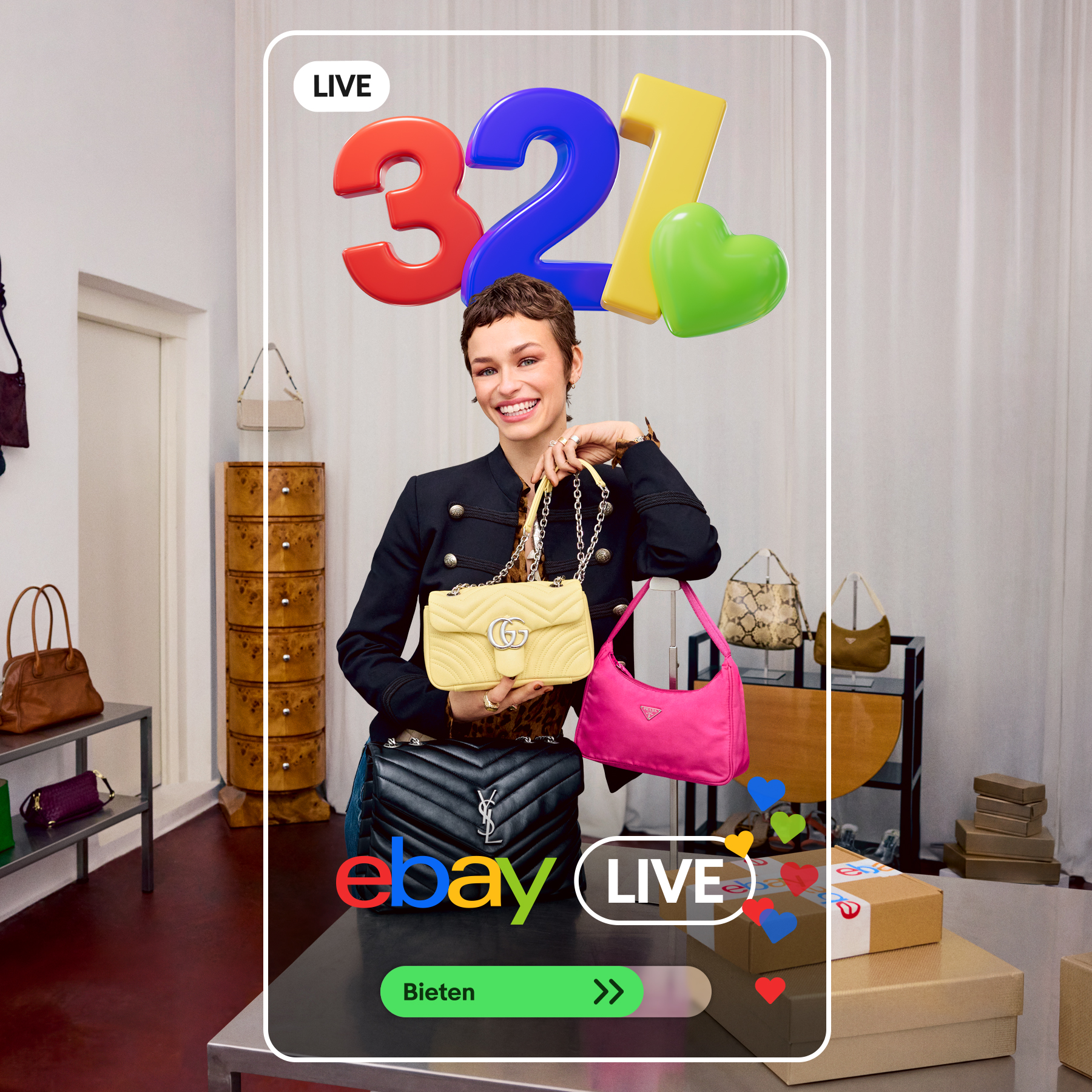 eBay Live Deutschland Facebook ad: Besondere Fundstücke live entdecken.