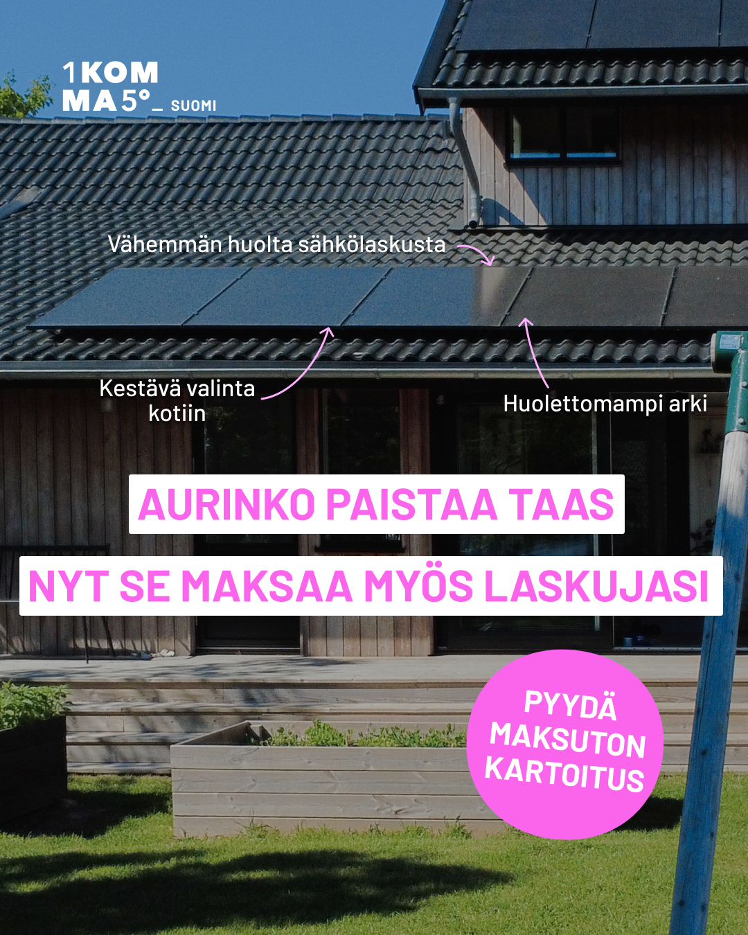 1KOMMA5 Suomi Facebook ad: Aurinko maksaa nyt osan sähkölaskustasi