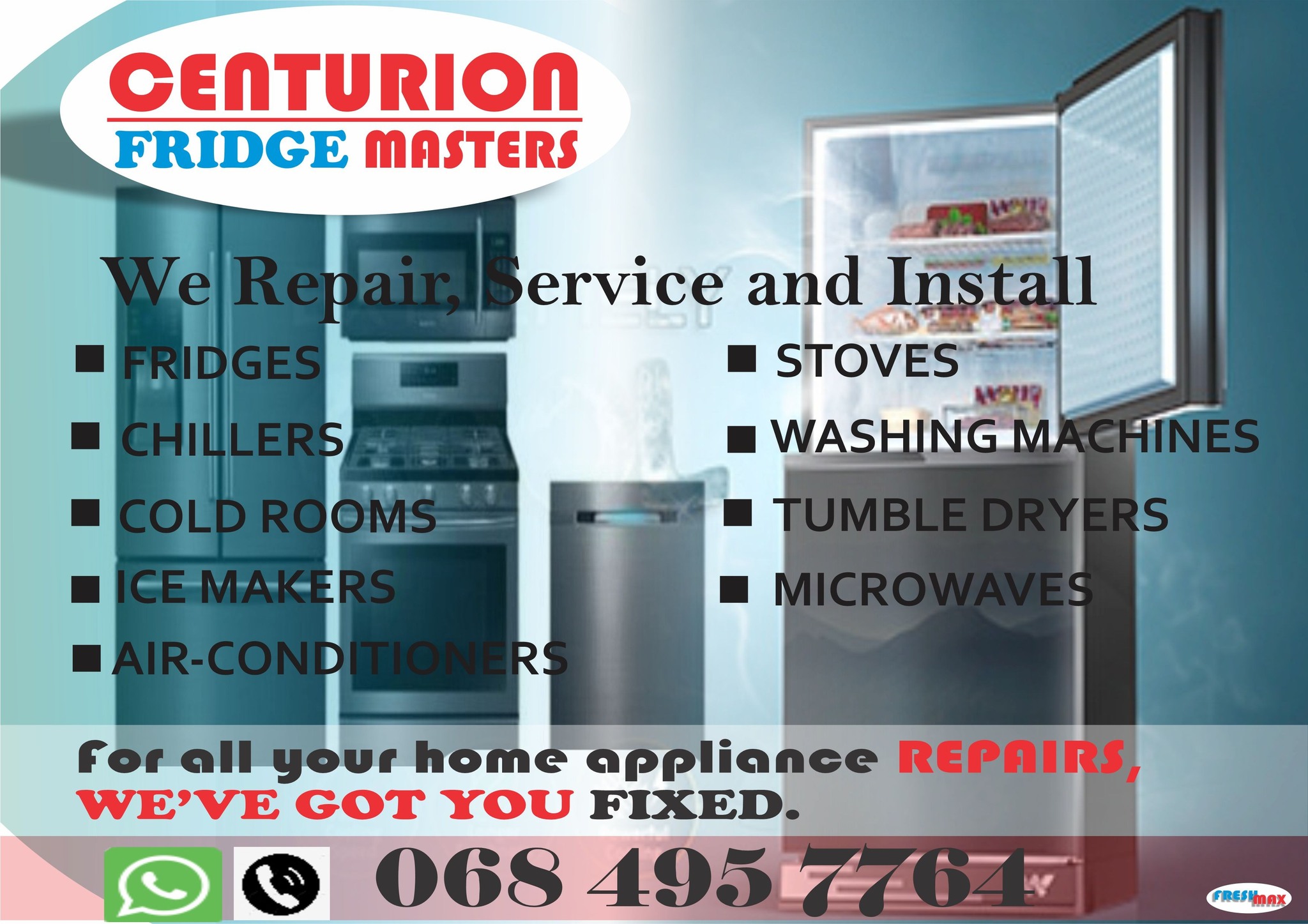 Centurion Fridge Masters Facebook ad: On-site repairs and servicing are available for