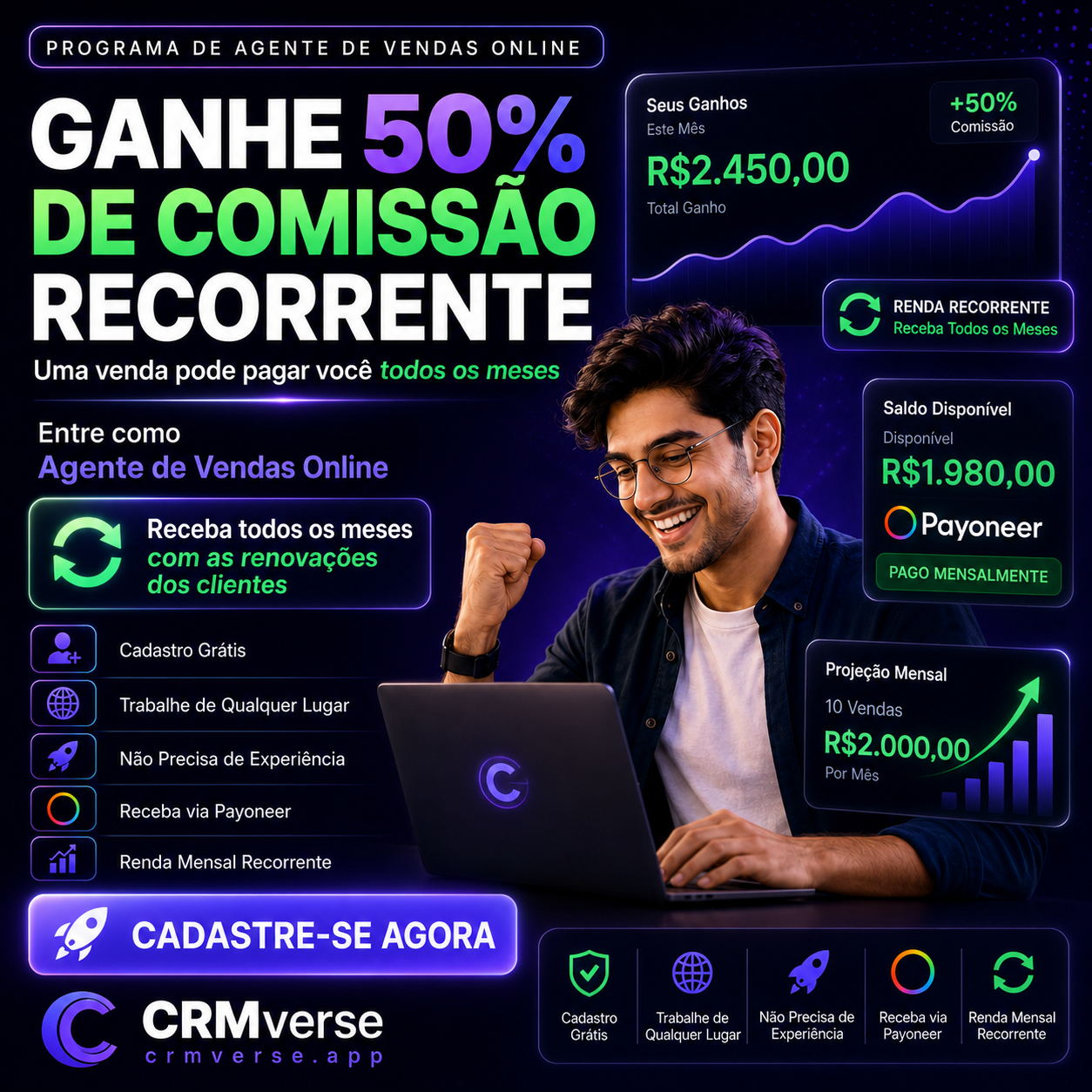 CRMVerse Facebook ad: Uma venda. Comissão todos os meses.