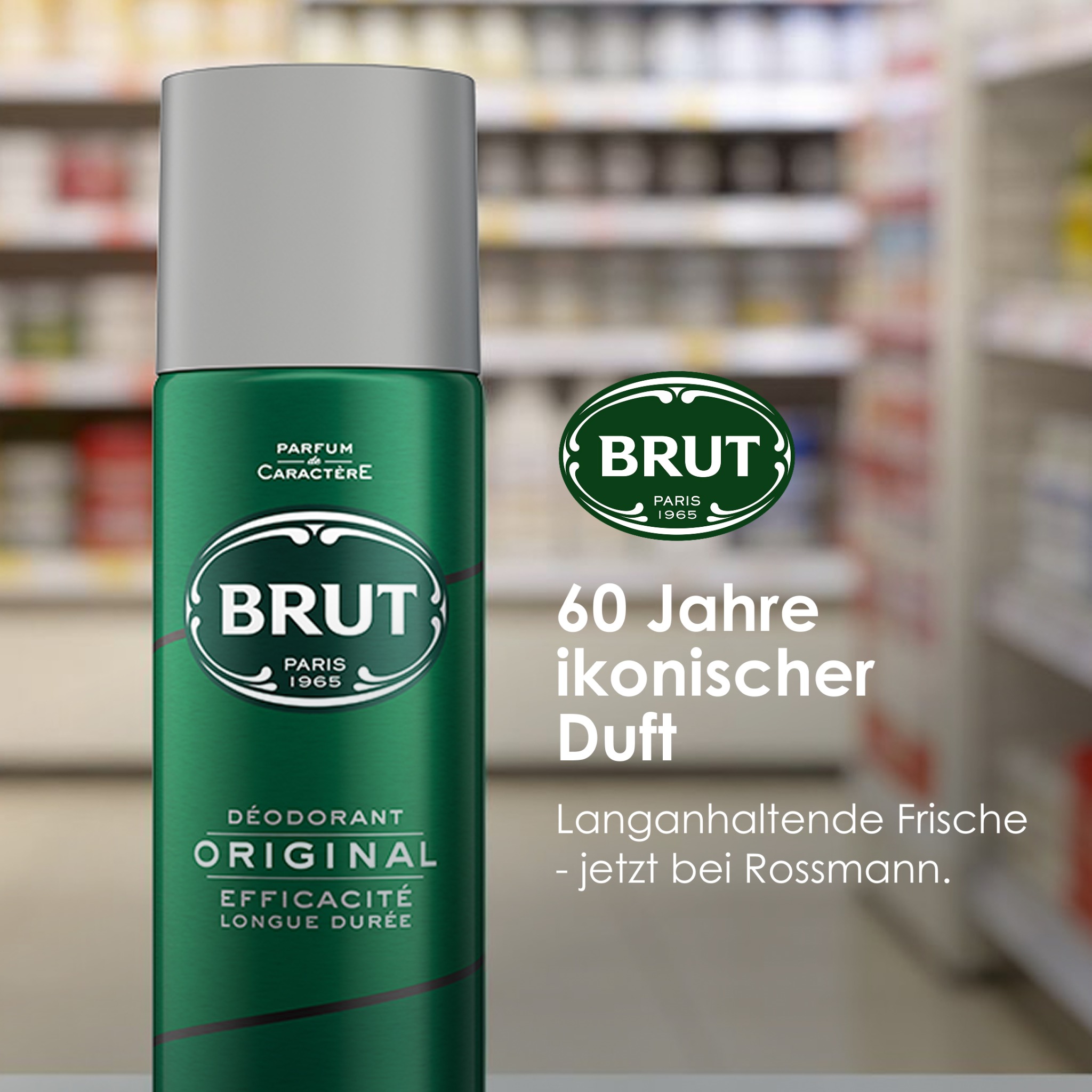 BRUT Facebook ad: Brut Deospray, jetzt bei Rossmann erhältlich.