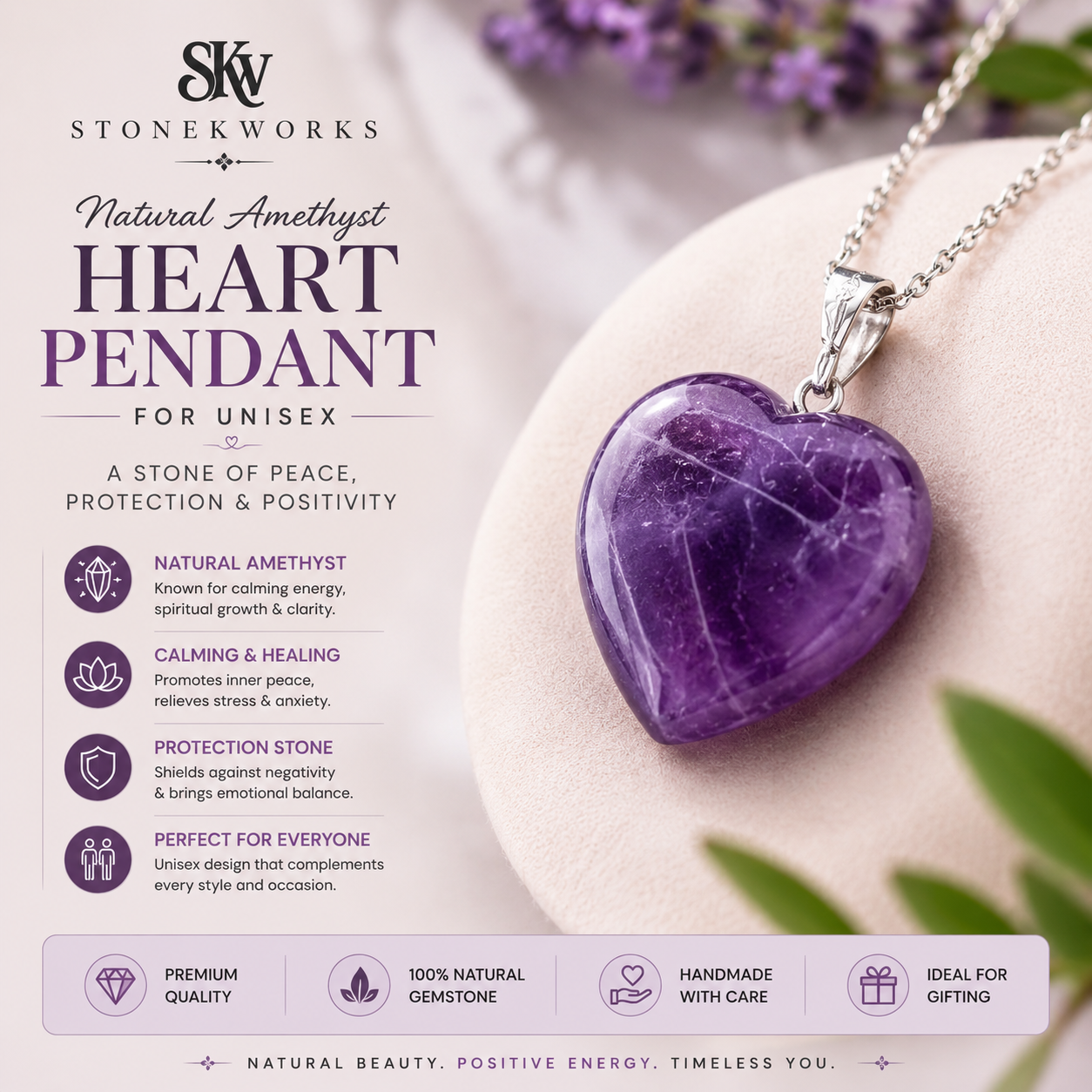 StoneKworks Facebook ad: Buy Purple Natural Amethyst Stone Heart Pendant!