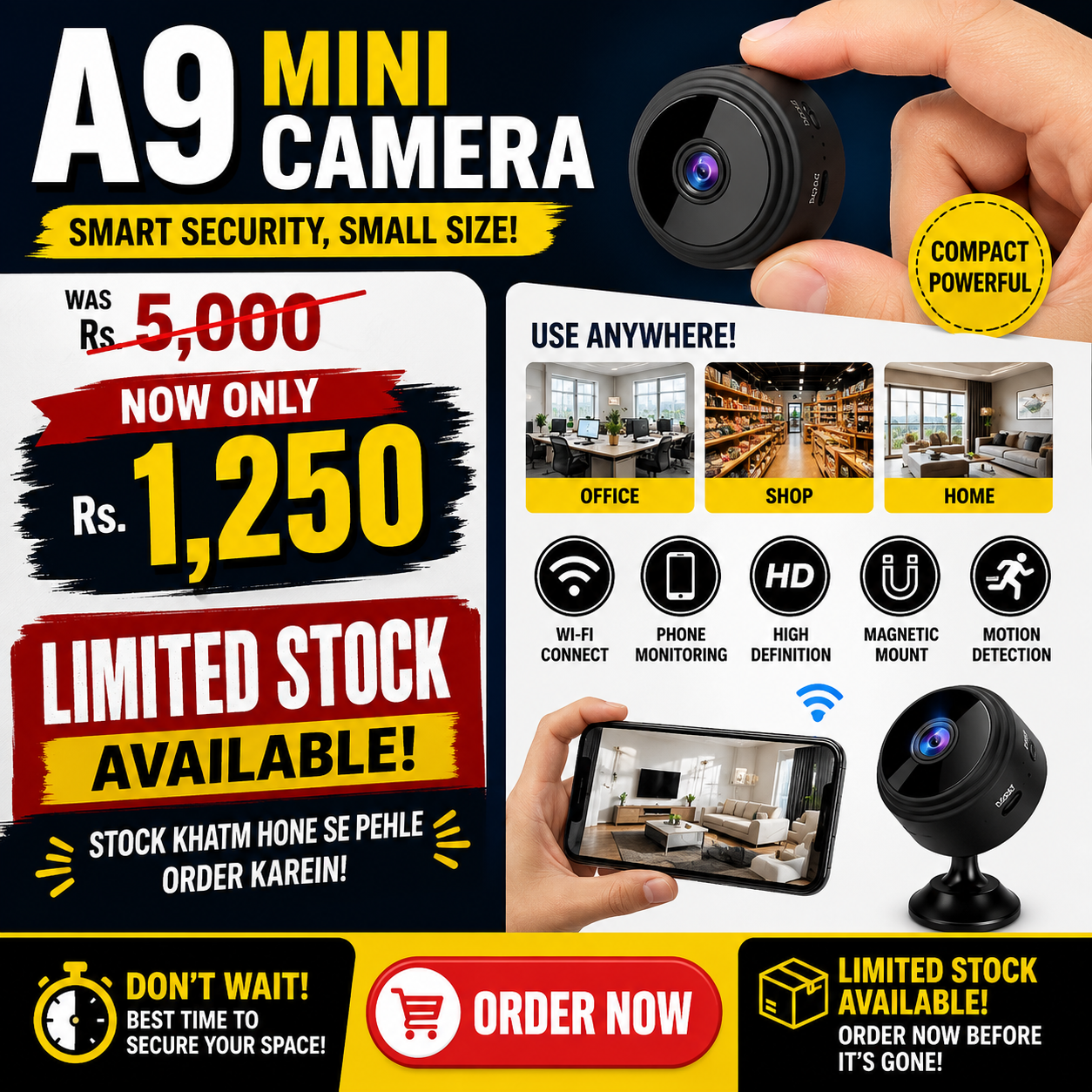 Shopanddroppk Facebook ad: A9 Mini Camera, Rs.1250 Only