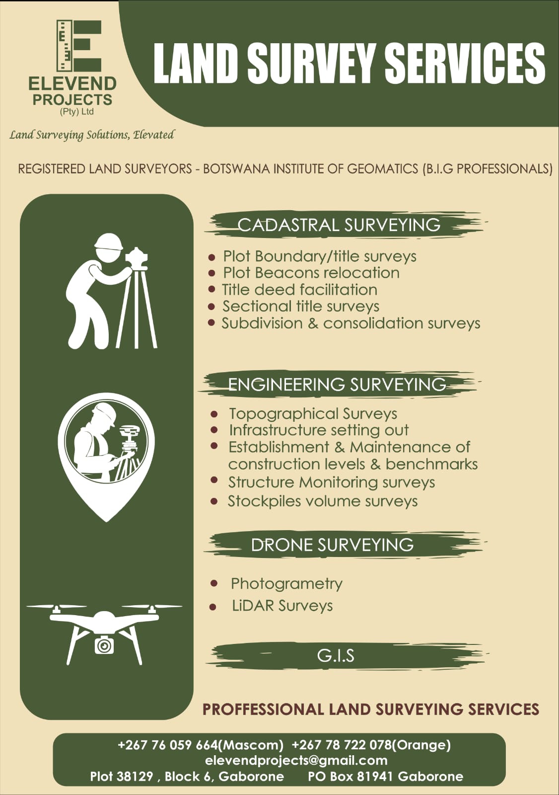 Elevend Projects Facebook ad: In need of PROFESSIONAL Land Surveying services?