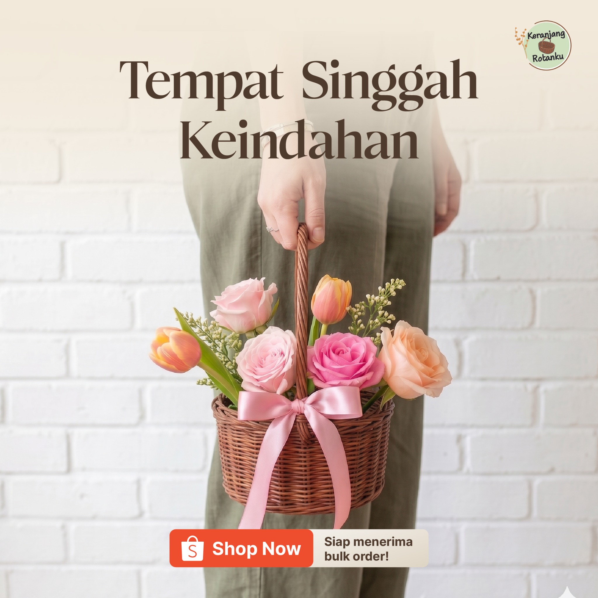PMM Consumer Goods Facebook ad: Keranjang bunga rotan oval yang handmade dan estetik.