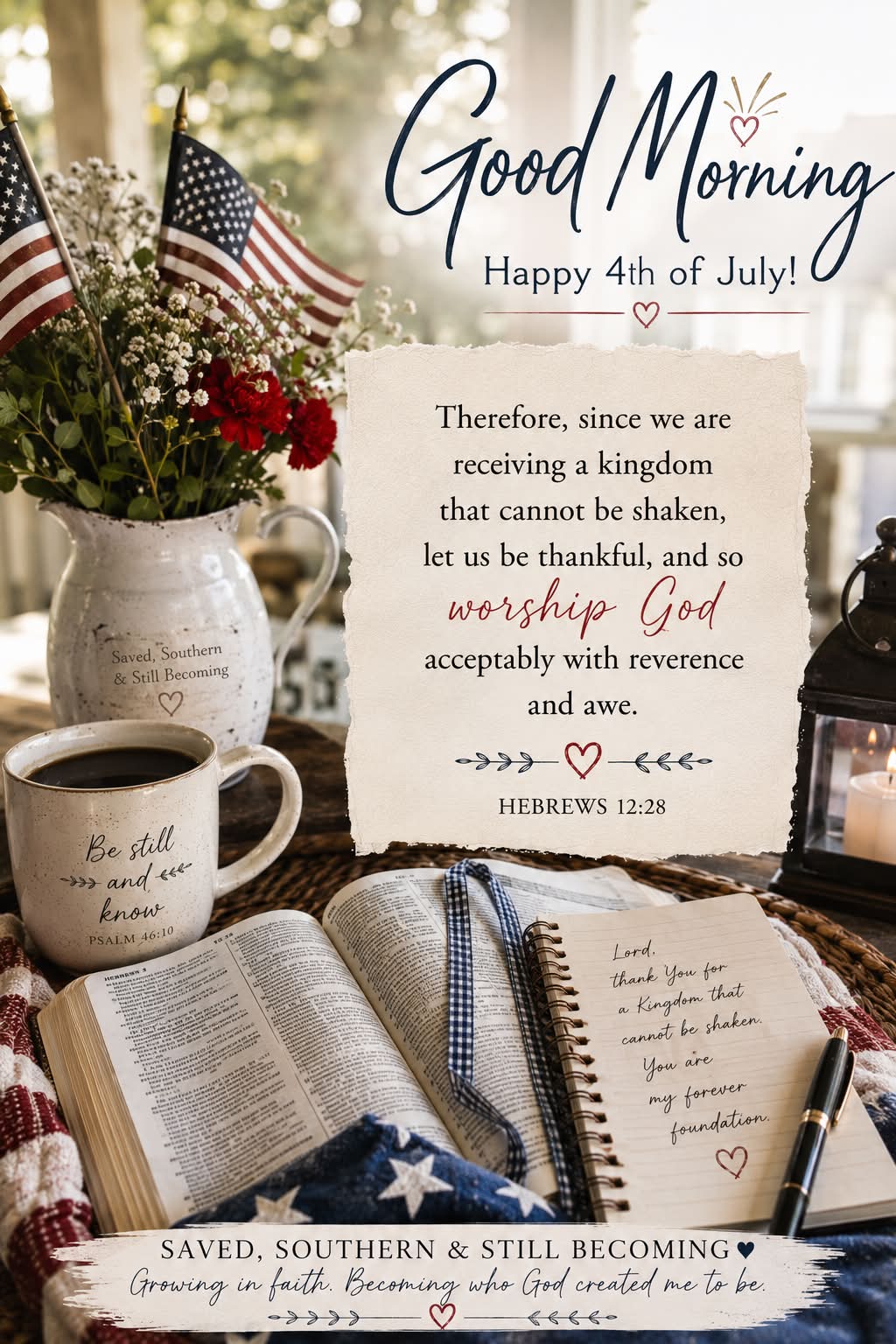 Saved, Southern & Still Becoming Facebook ad: Good morning, sweet friend, and Happy Fourth of…