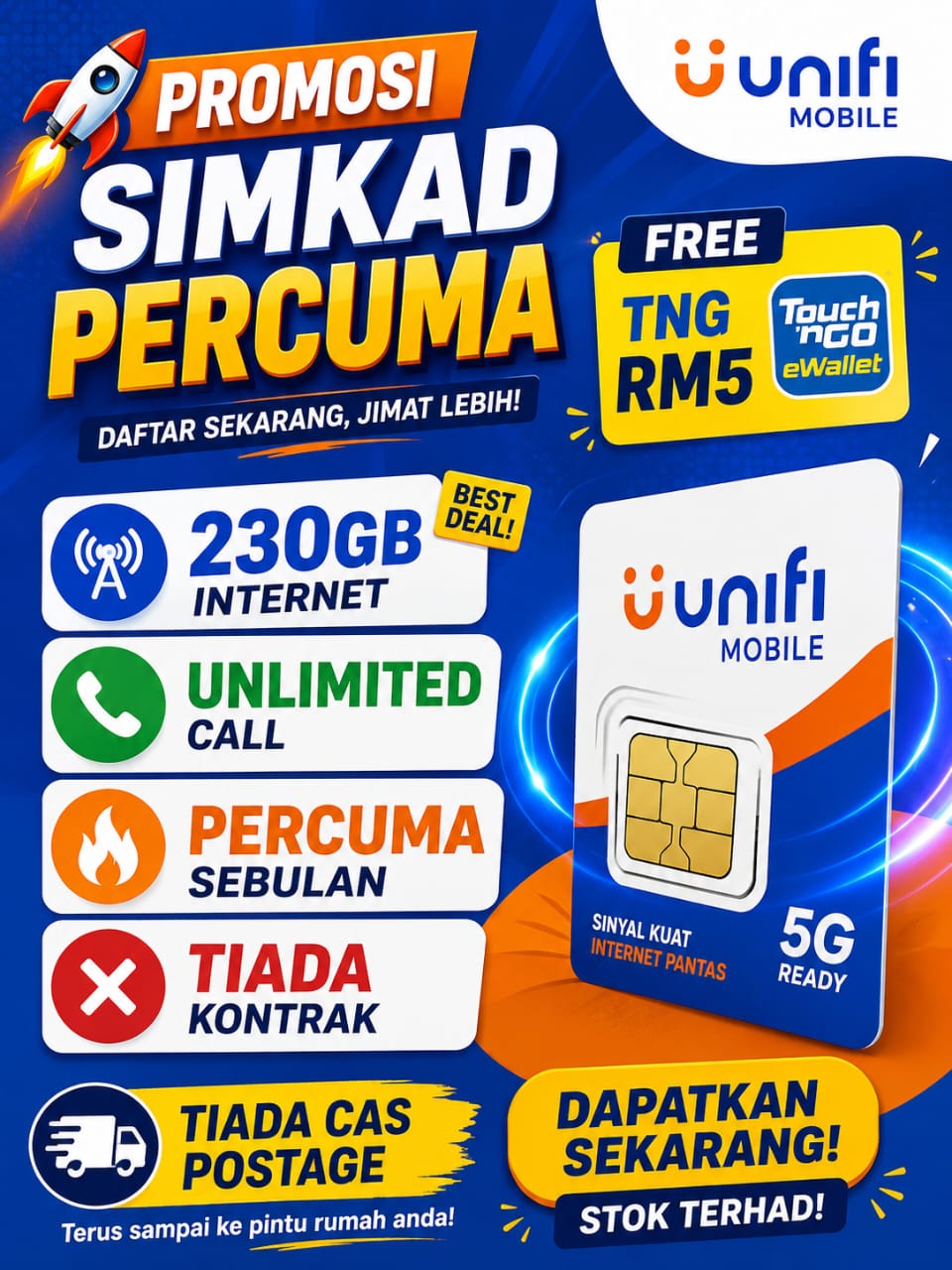 Unifisimkad5g Facebook ad: Simkad Unifi RM0 + Free Data 1 Bulan (Free Pos!)