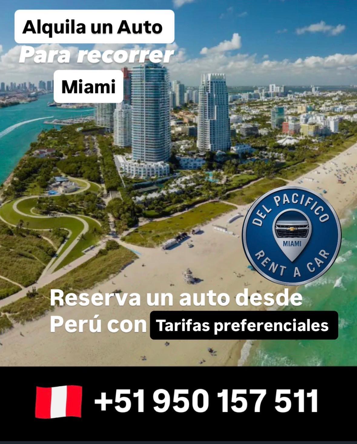 Del Pacifico Auto Rental Miami Facebook ad: ¡Alquila desde Perú con confianza!