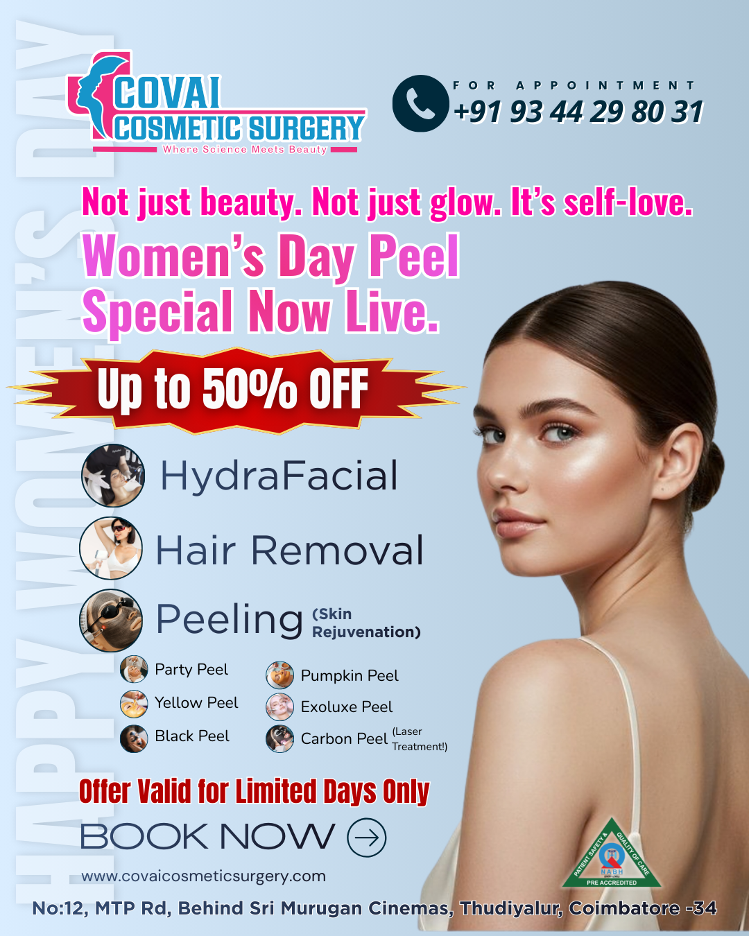 Covai Cosmetic Surgery Facebook ad: Flat 50% OFF on Skin Peels