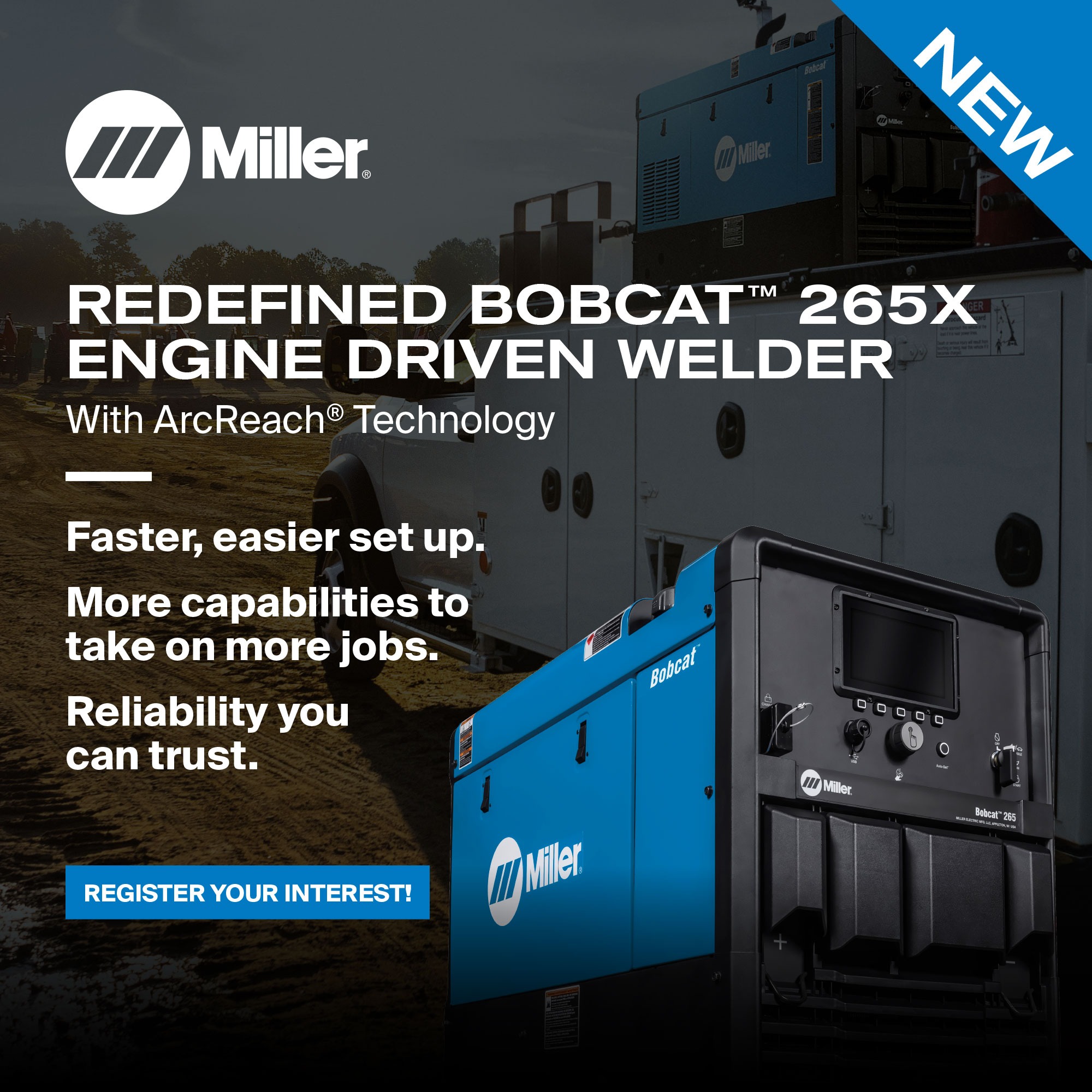 Weldwell NZ Facebook ad: Miller's redefined Miller Bobcat 265X engine driven welder…