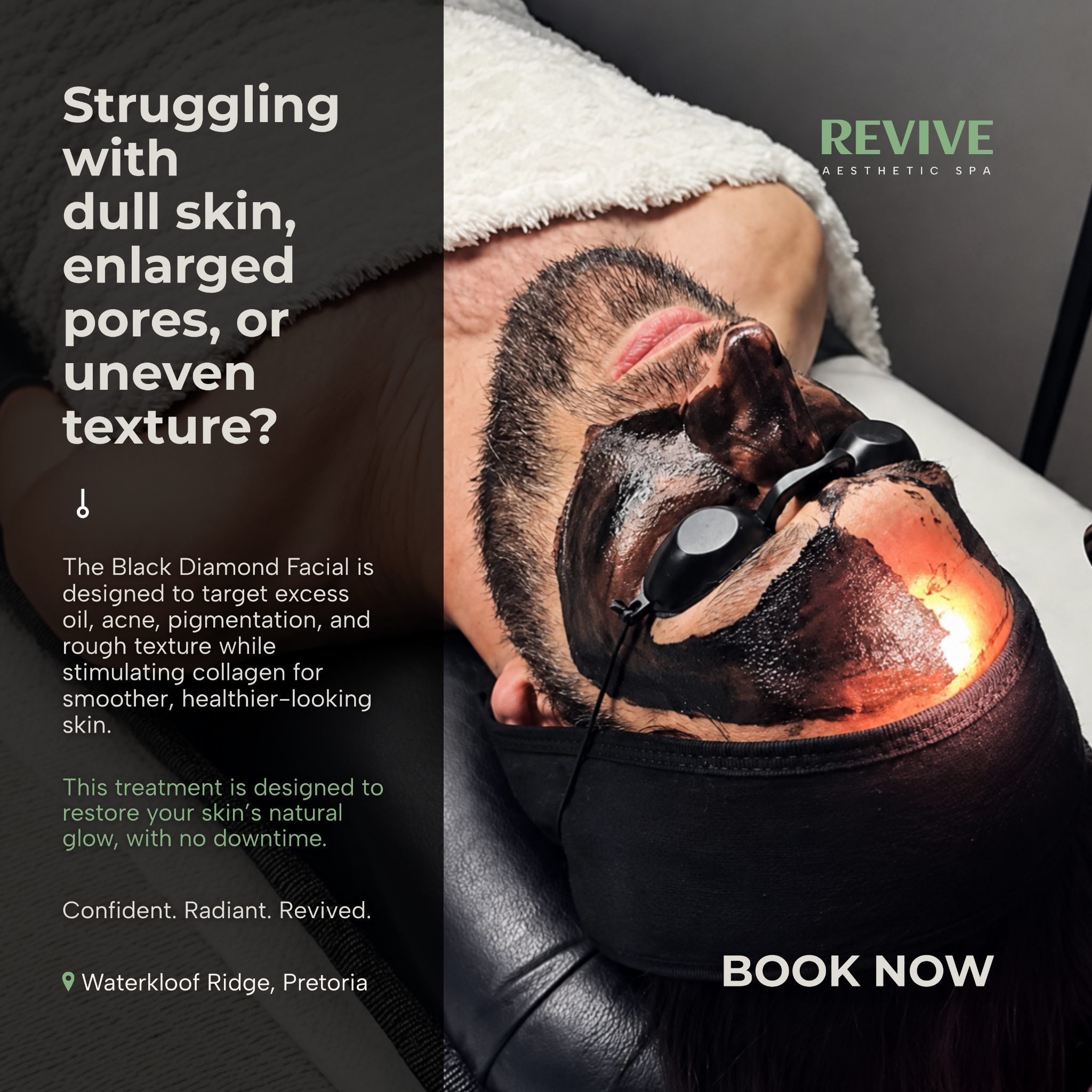 Revive Aesthetic Spa Facebook ad: The Black Diamond Facial. One Session. Real Results.