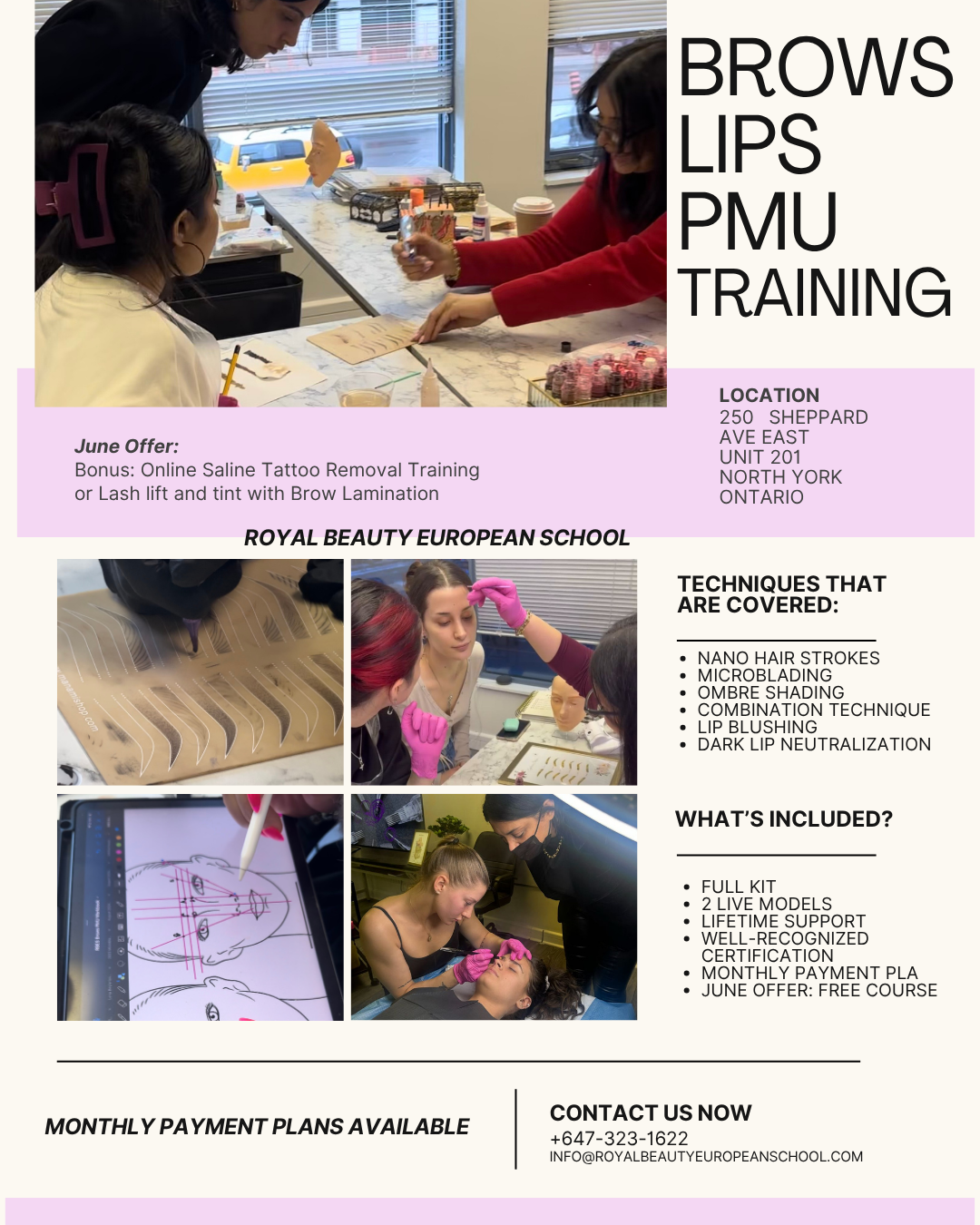 Royal Beauty European School Facebook ad: Brows + Lips PMU Training