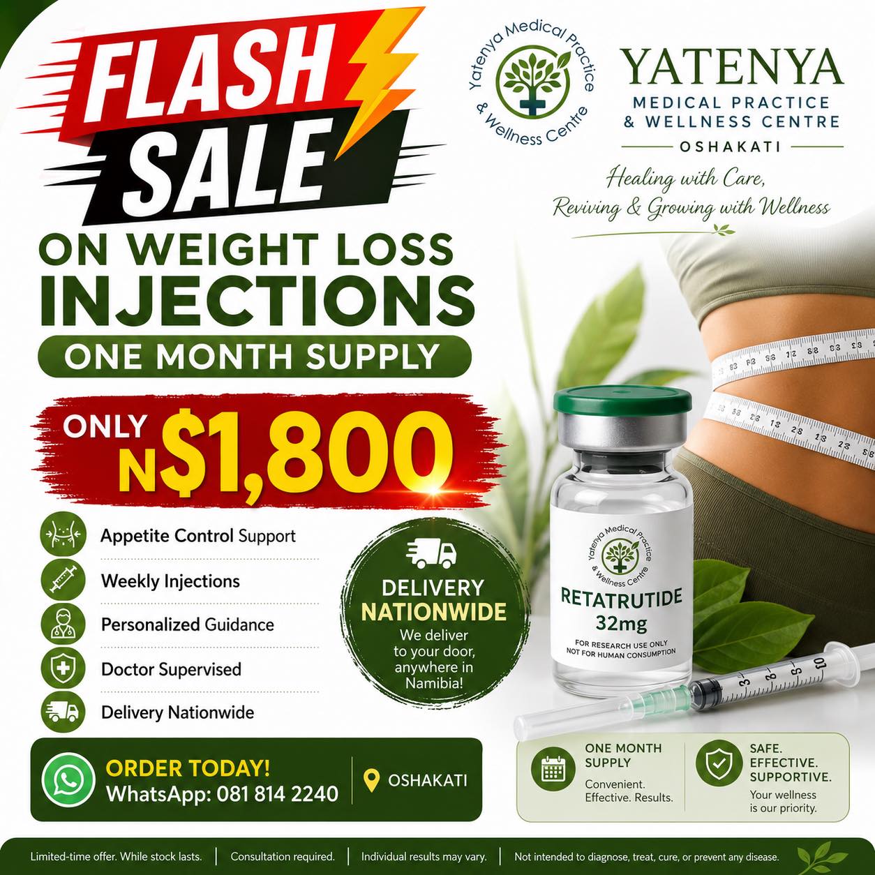 YaTenya Medical Practice & Wellness Center Facebook ad: FLASH SALE ON WEIGHT LOSS INJECTIONS!