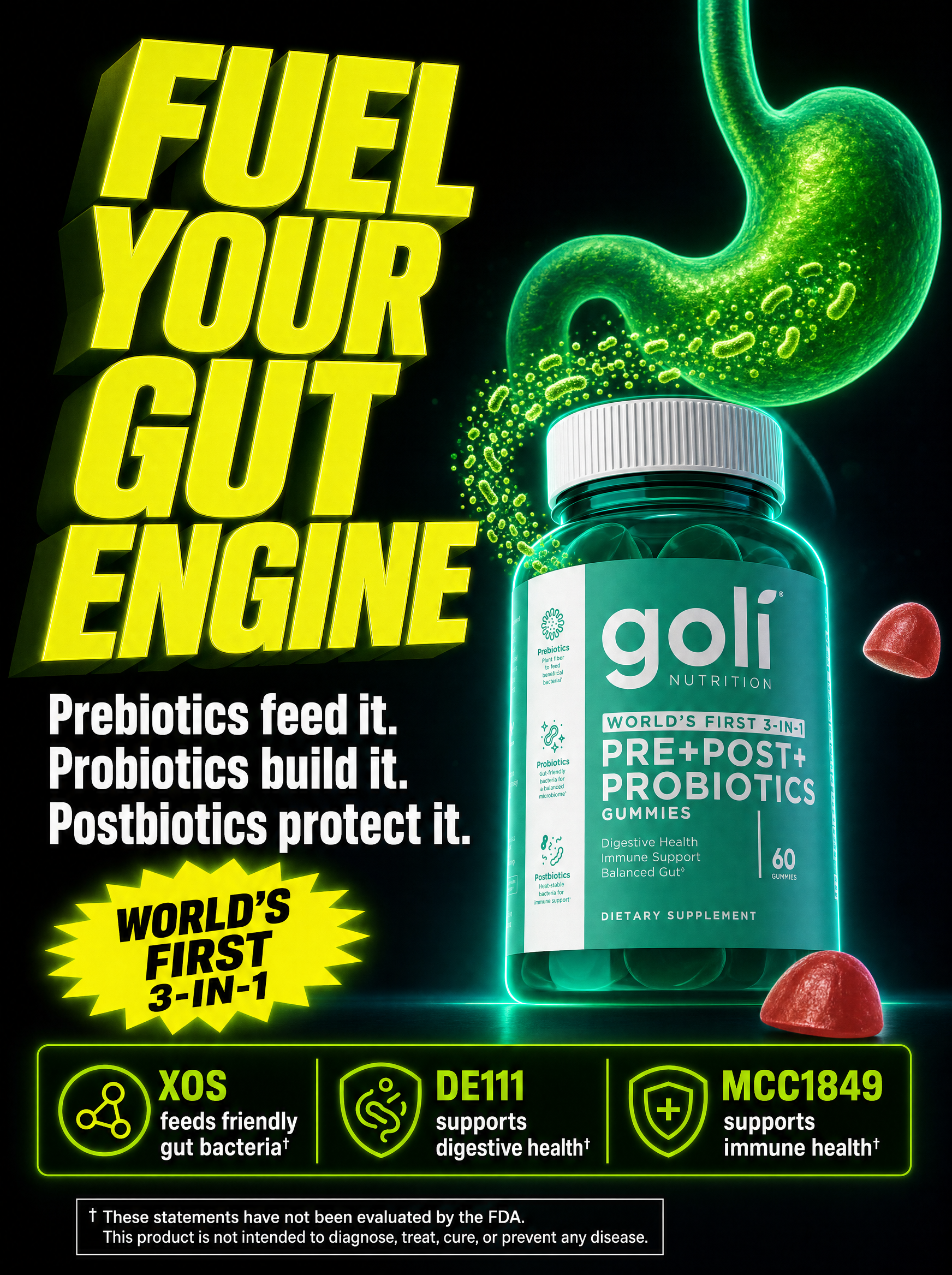 Goli Facebook ad: Three Biotics. One Gummy. World's First.