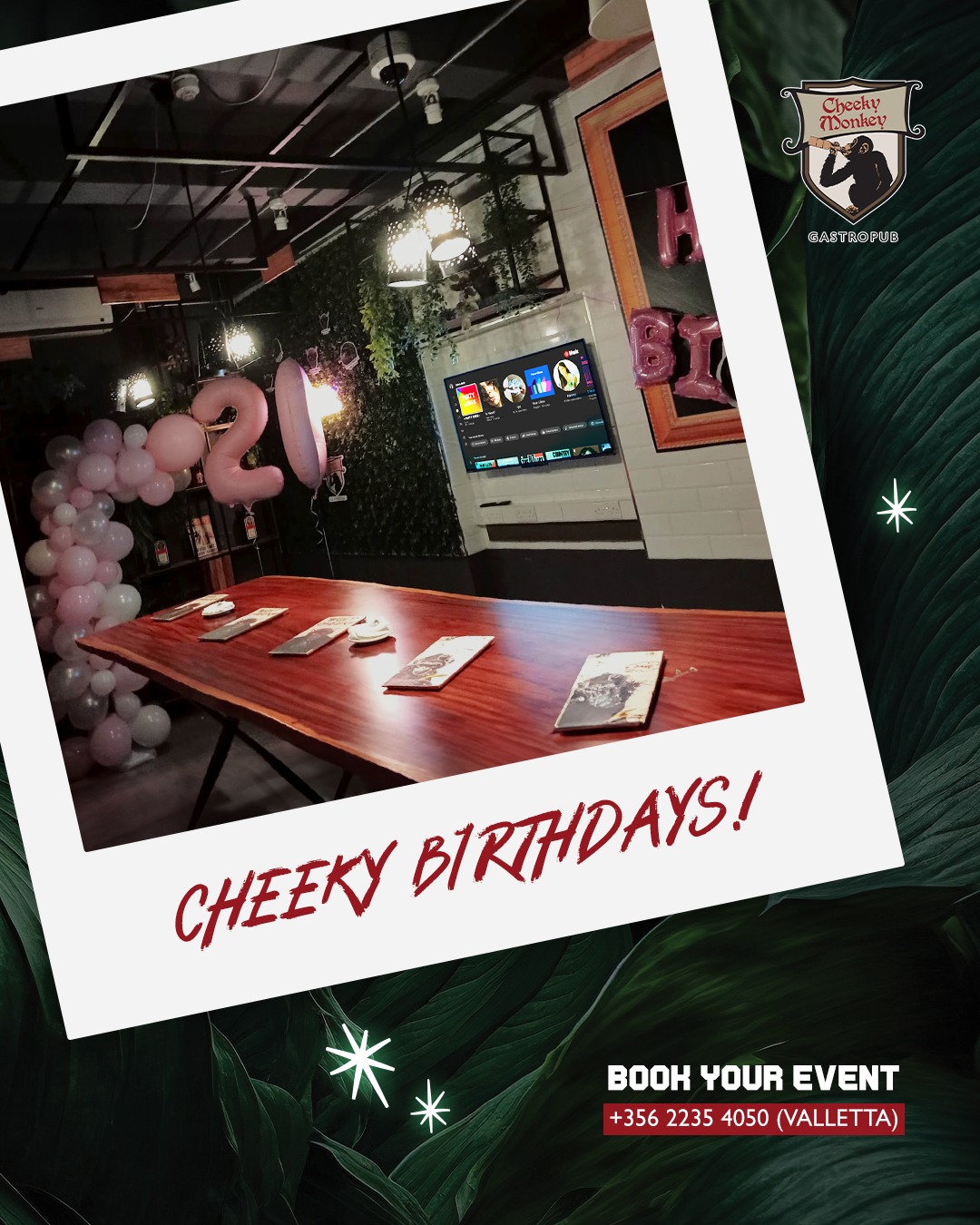Cheeky Monkey Gastropub, Valletta Facebook ad: Level up your birthday bash with a private…