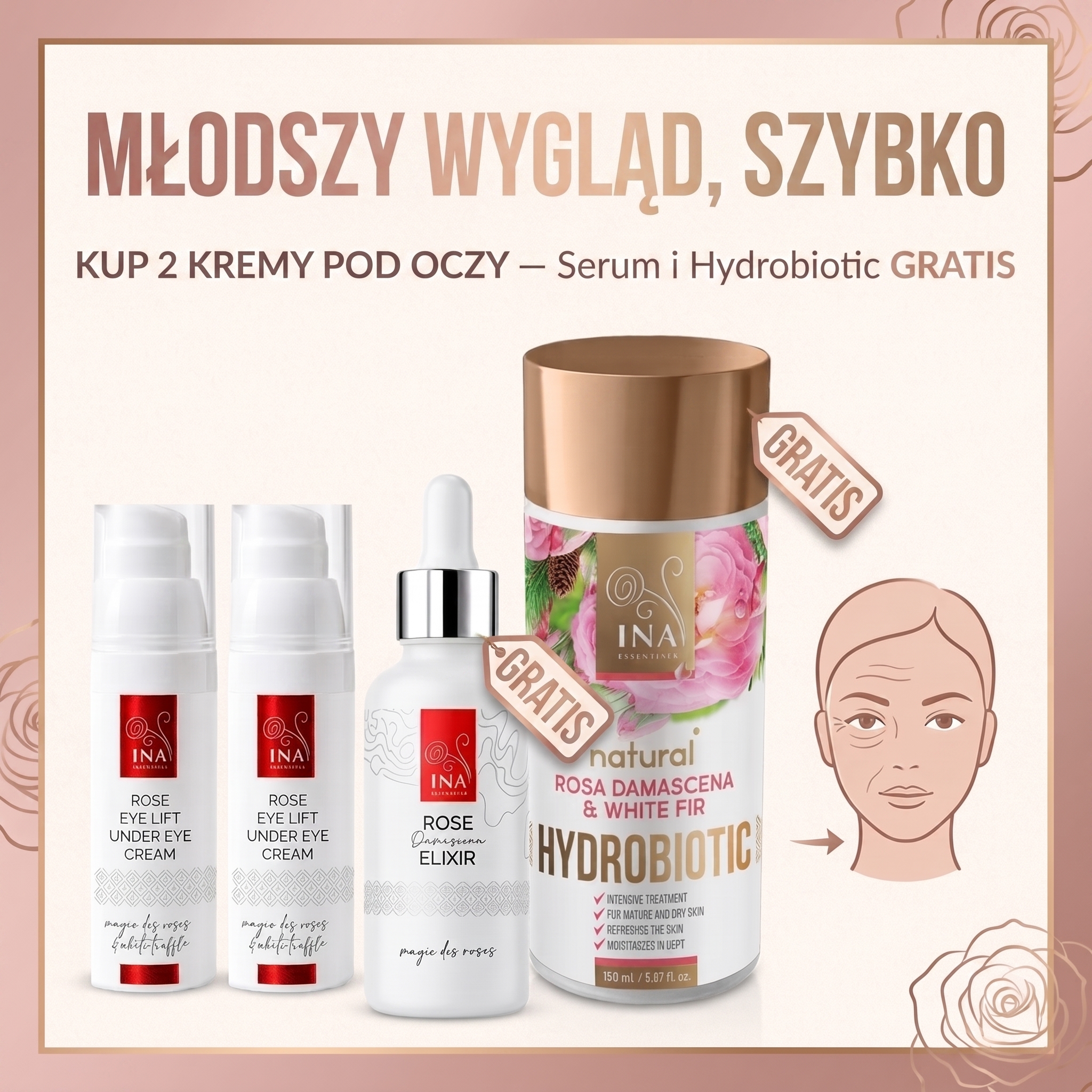 Kosmetyki Organiczne - InaEssentials.pl Facebook ad: Kup 2 kremy pod oczy i odbierz 2 prezenty