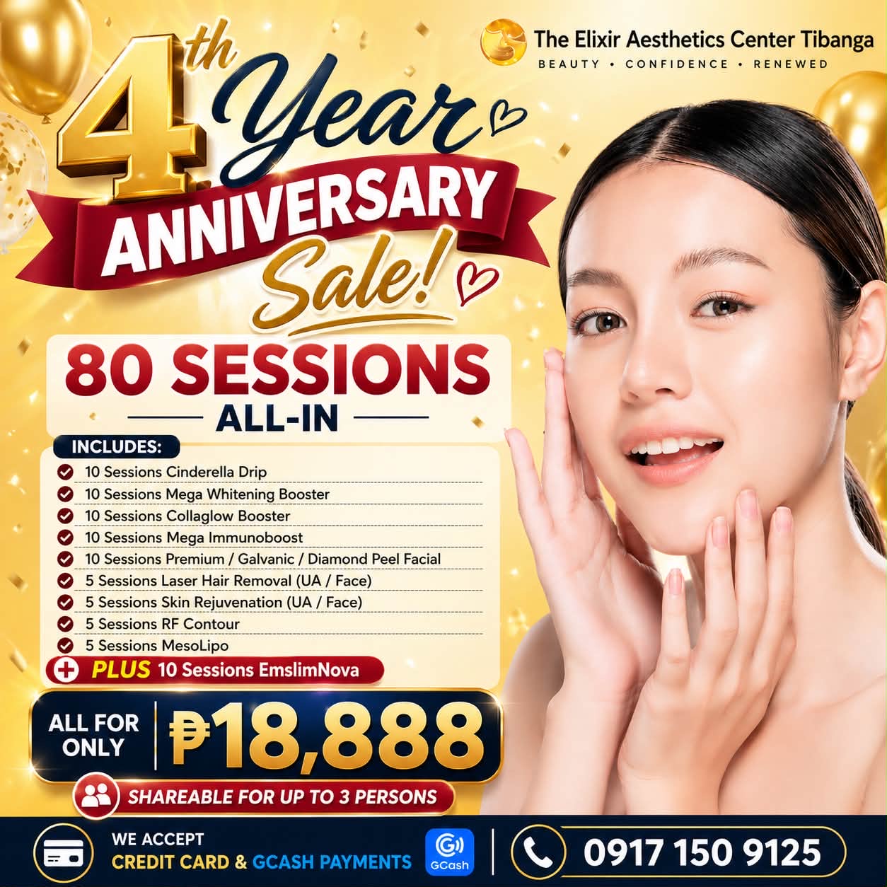 The Elixir Aesthetics Center Tibanga Facebook ad: WE’RE TURNING 4!