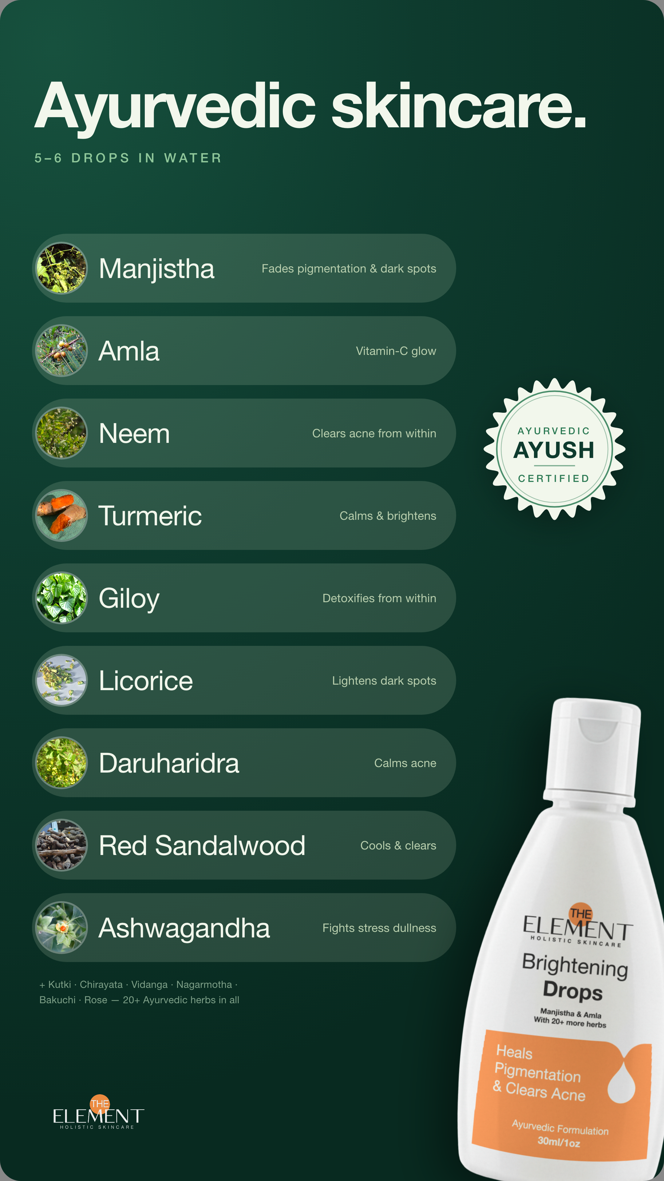 The Element Facebook ad: 20+ Ayurvedic herbs, in water