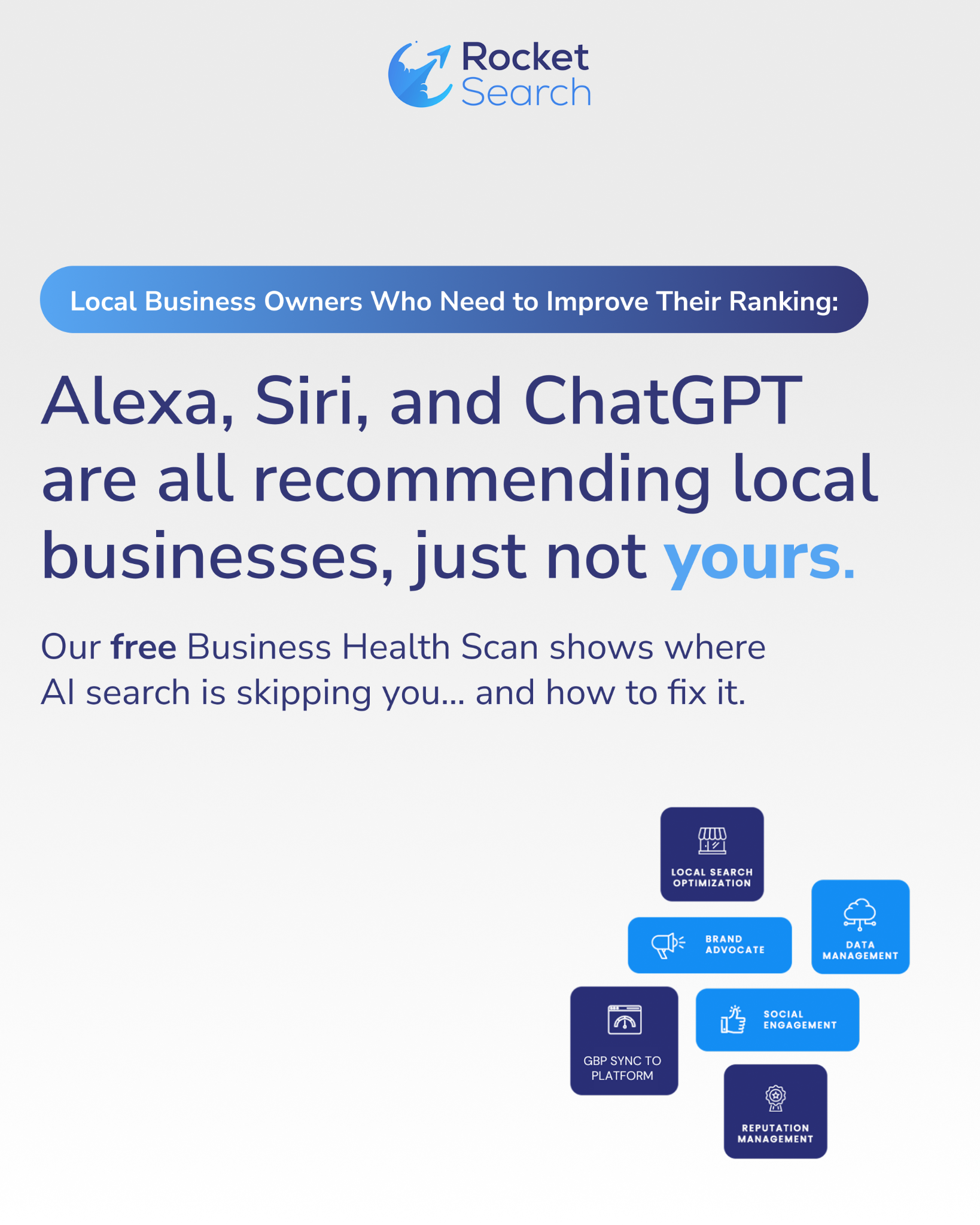 Rocket Search Facebook ad: Invisible on Google? Find out free.