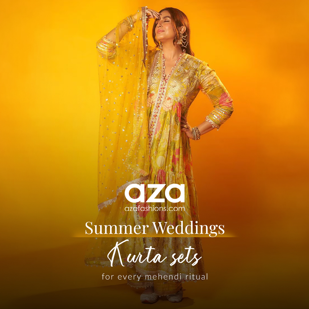 Aza Facebook ad: Safaa Nameh Scalloped Woven Kurta Set| Aza Fashions
