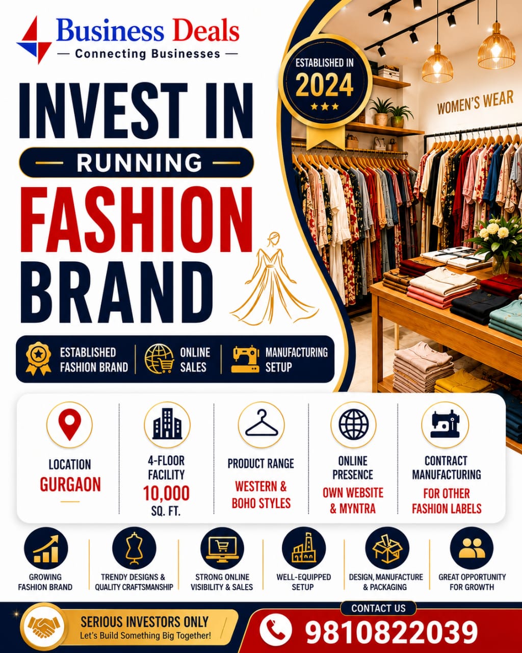BusinessDeals Facebook ad: Running a fashion brand on Myntra, Gurgaon. For Sale.