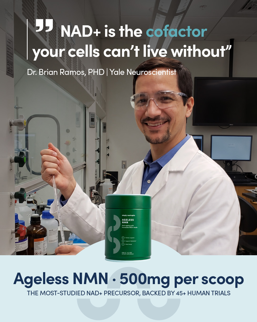 Simply Nootropics Facebook ad: Try Our Best Selling Ageless NMN Today