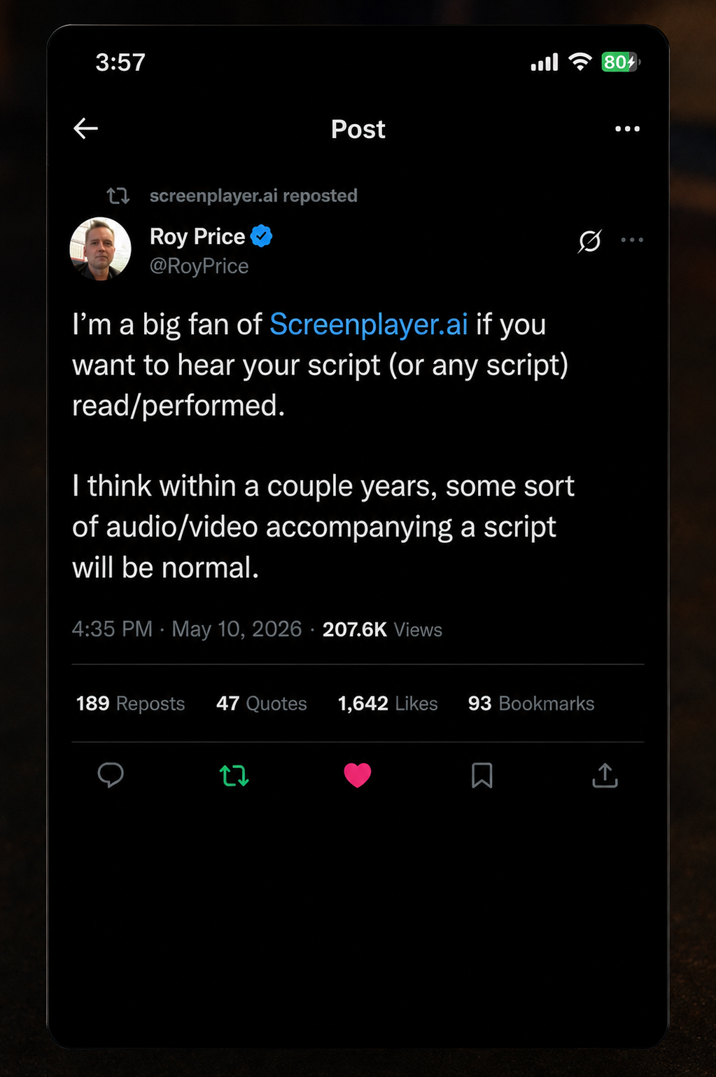 Screenplayer Facebook ad: Listen to any screenplay, in minutes.