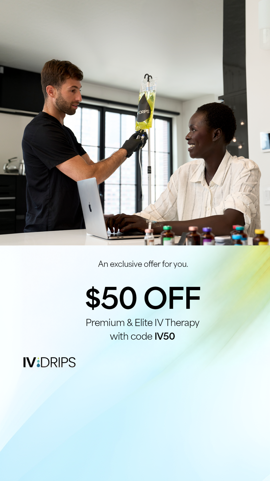 IVDRIPS Facebook ad: $50 off your next IV drip. Use code IV50.