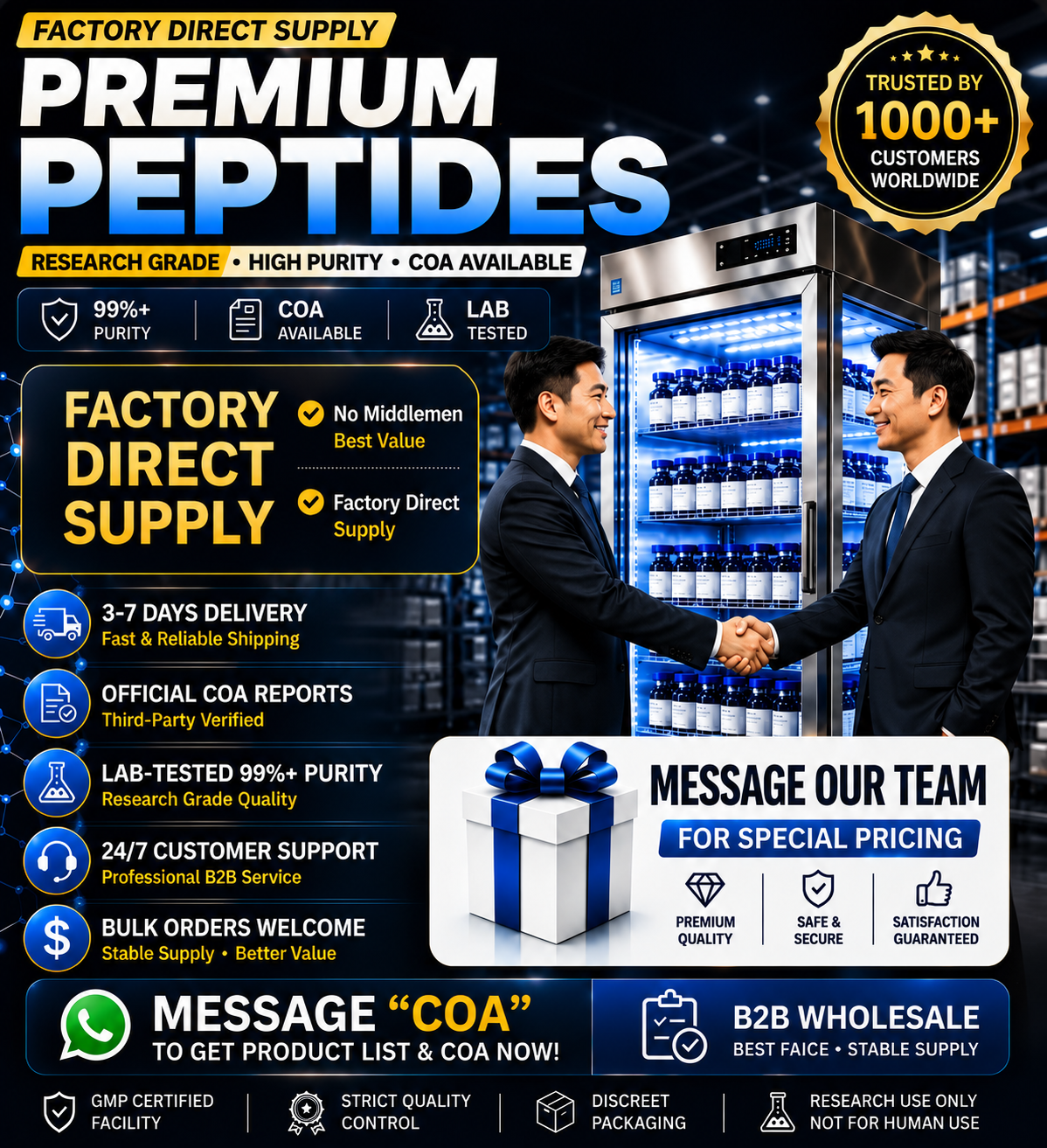 Peptide Innovation Hub Facebook ad: 99%+ Ultra-Pure Peptides | Factory Direct | Global Shipping