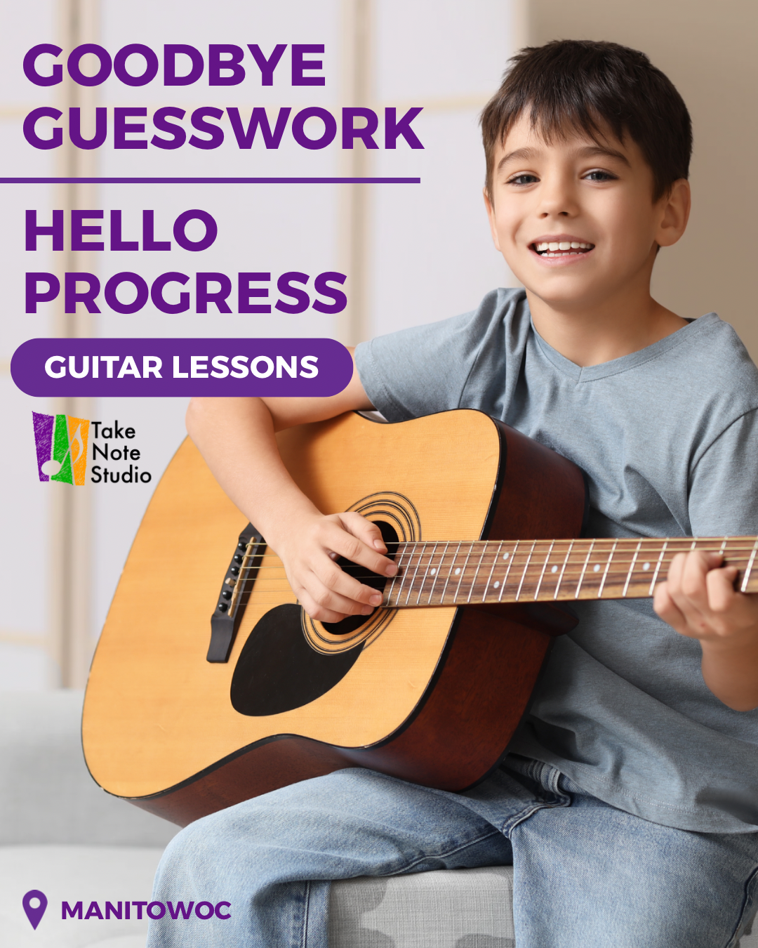 Take Note Studio Facebook ad: Guitar Lessons That Grow With Your Child