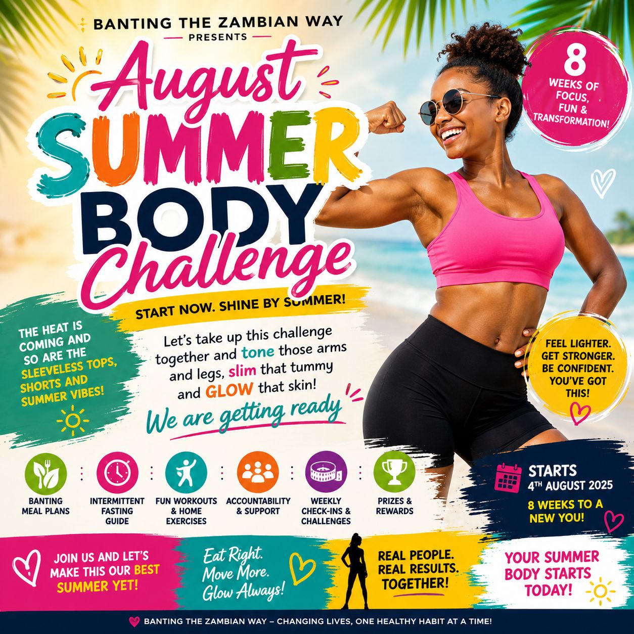 Banting the Zambian WAY Facebook ad: JOIN THE AUGUST SUMMER BODY WEIGHTLOSS CHALLENGE