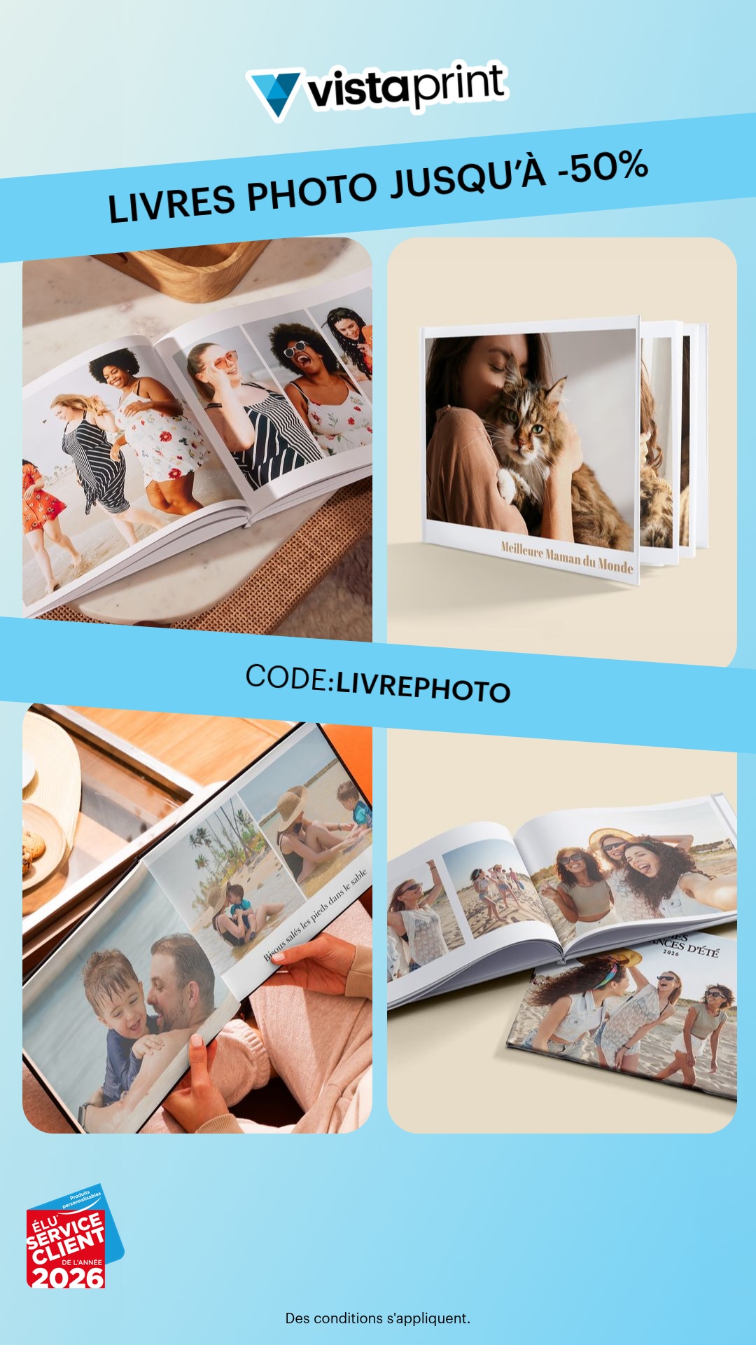 VistaPrint Facebook ad: Créez des livres photo de qualité.