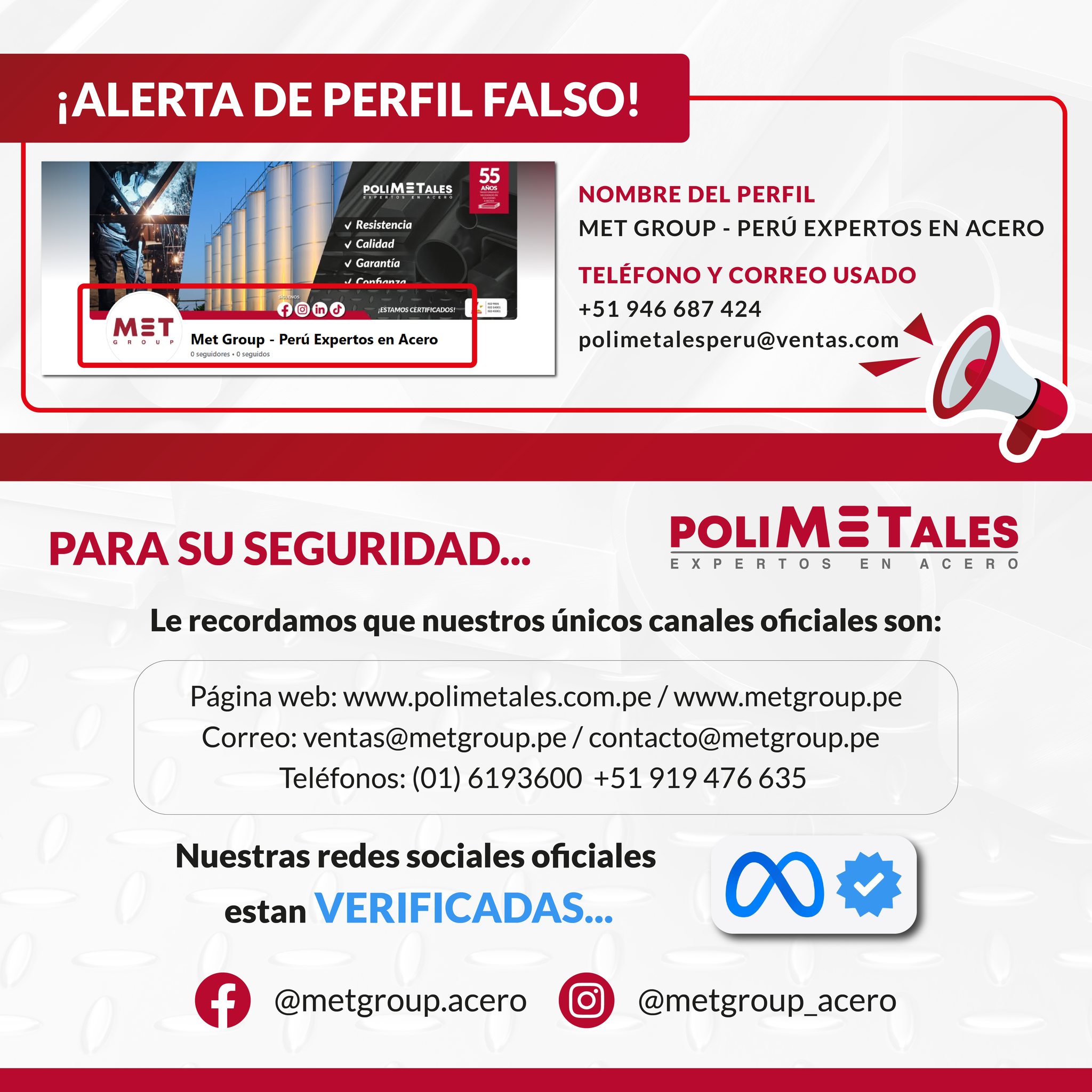 Met Group - Expertos en Acero Facebook ad: ¡ATENCIÓN! PERFIL FALSO DETECTADO