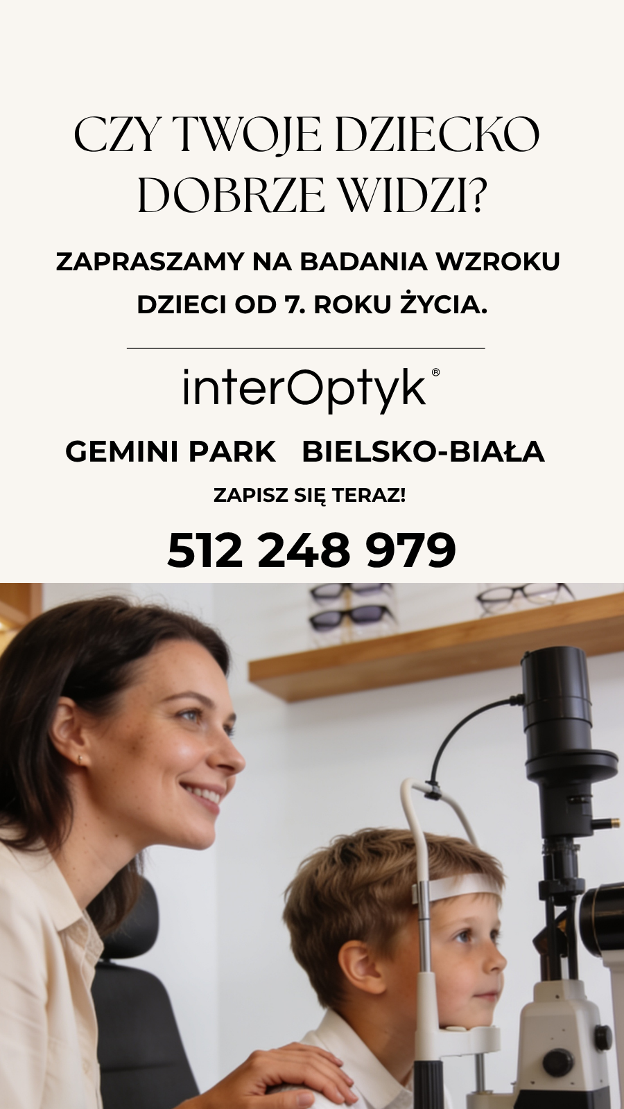 Inter Optyk Facebook ad: Badamy wzrok dzieci od 7. roku życia