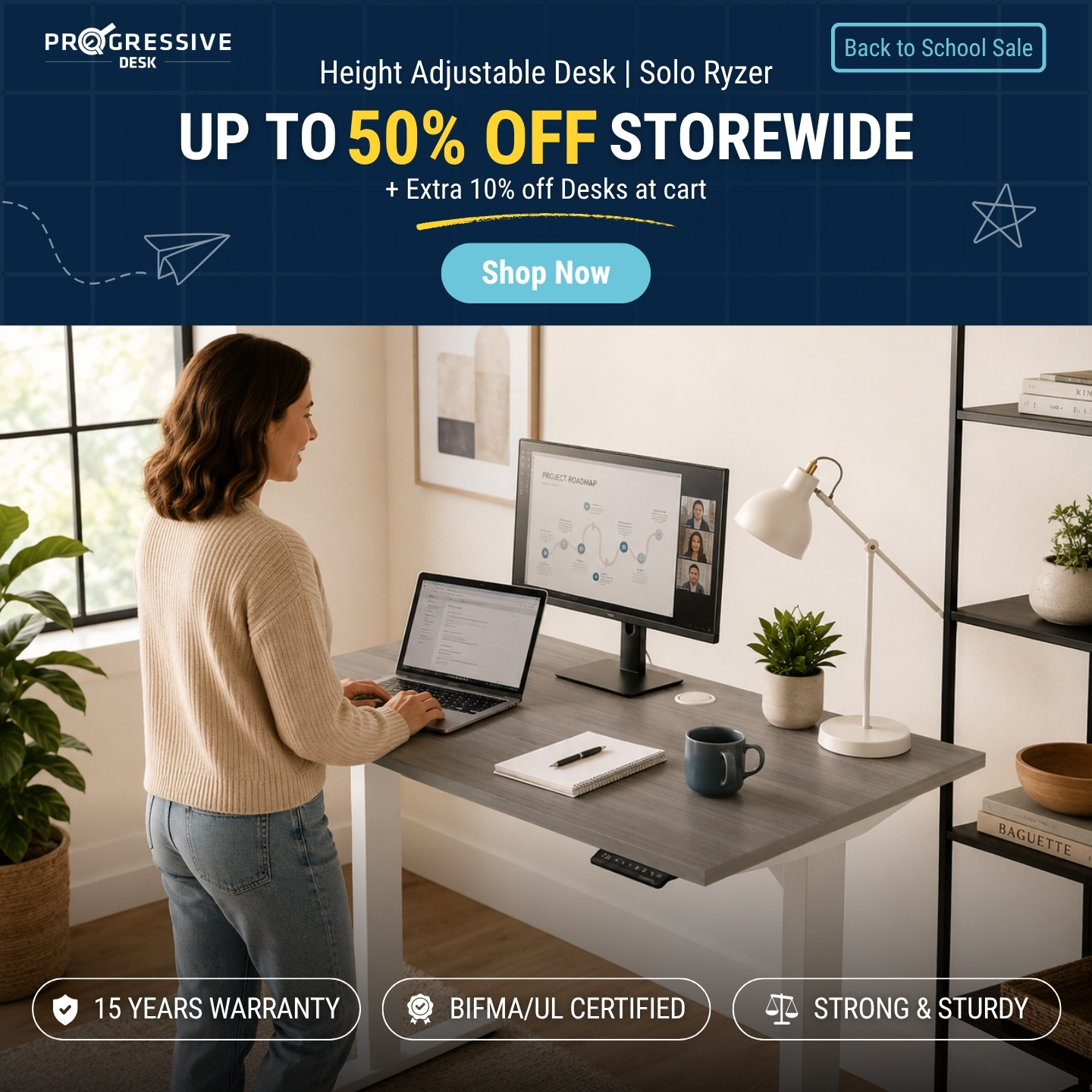 Progressive Desk Facebook ad: Back to School, Up to 50% Off