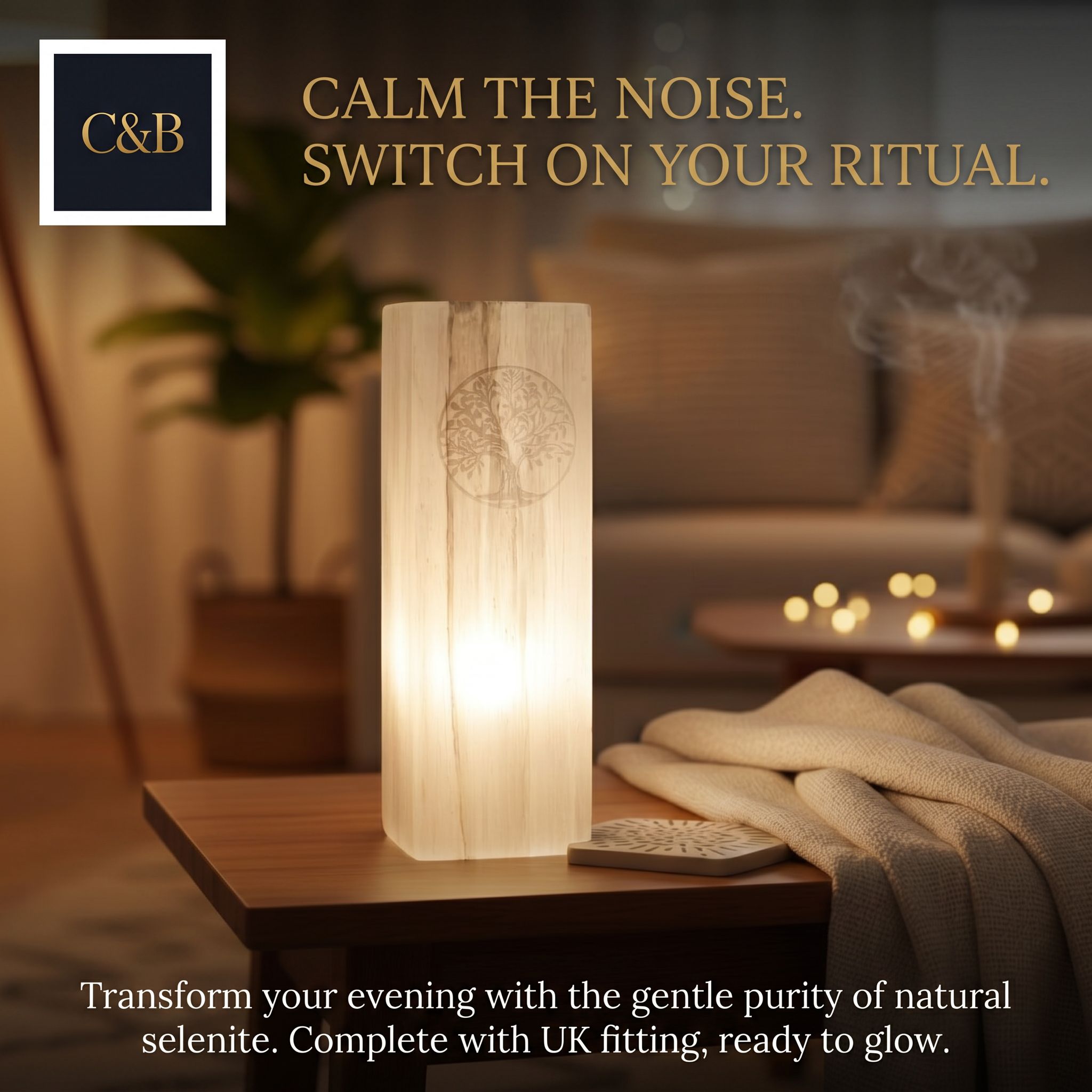 Crawford & Bond Facebook ad: Calming Tree-of-Life Selenite Lamp