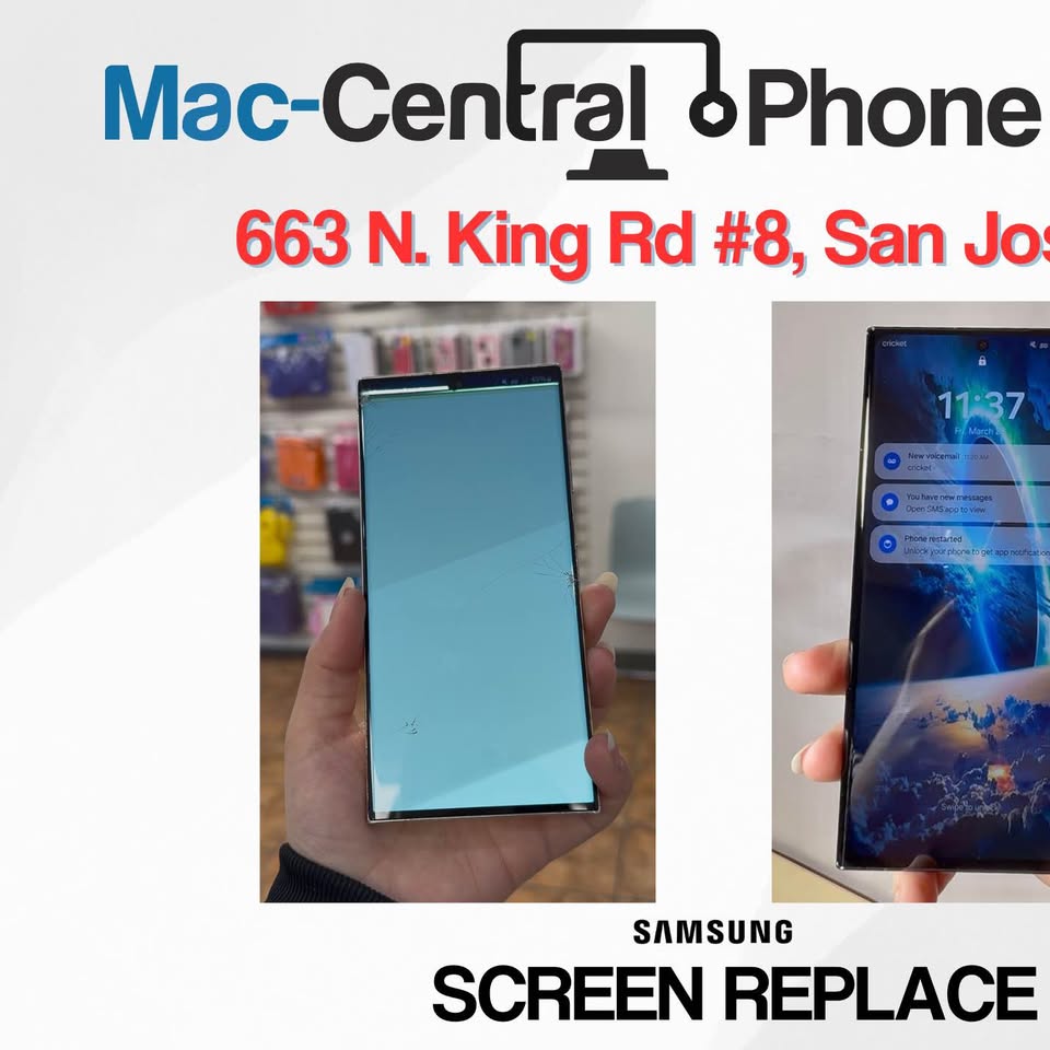 Mac Central Facebook ad: Mac-Central! Cambio de pantalla, parte de atrás, baterías…